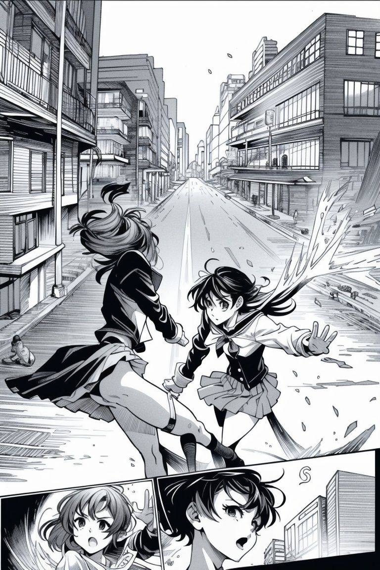 ((HRD, HUD, 8K)),((masterpiece, best quality)), highly detailed,Fight, monochrome, greyscale, skirt, school uniform, gloves, short hair, 1girl, bag, serafuku, fingerless gloves, pleated skirt, choker, building, backpack, panties, city, comic, miniskirt, underwear, <lora:20240514-1715656820714:0.8>