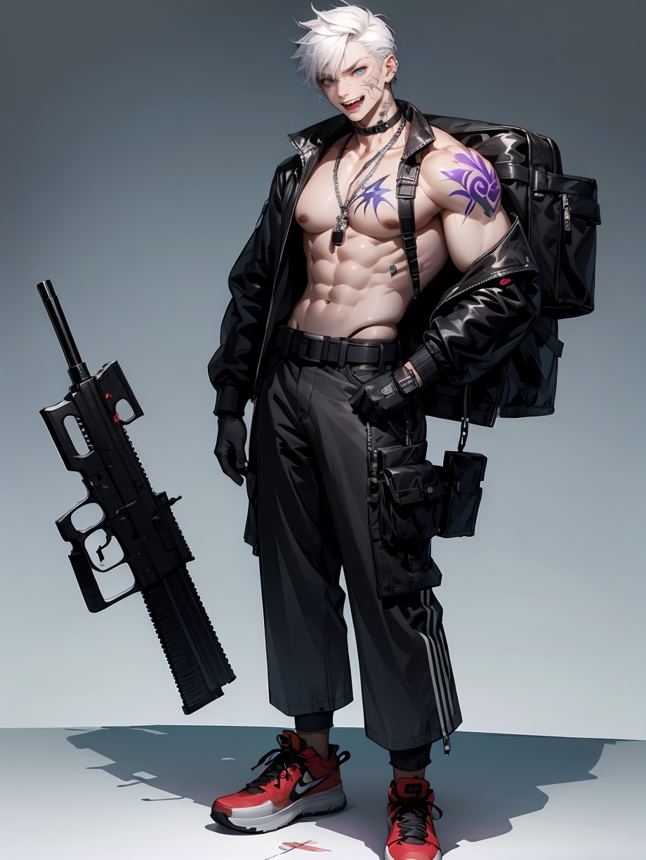 hezi, Cyberpunk, Sotai, weapon, solo, abs, jacket, white background, gun, shoes, open clothes, pants, male focus, 1boy, gloves, pectorals, tattoo, muscular, simple background, jewelry, short hair, navel, open jacket, blue eyes, bare pectorals, black gloves, belt, white hair, sneakers, full body, muscular male, black jacket, teeth, looking at viewer, piercing, earrings, collar, bag, smile, standing, hand in pocket, chest tattoo, ear piercing, rifle, dog tags, necklace, scar, choker, chain, black collar, holding, sharp teeth, black pants, large pectorals, lip piercing, black belt, grin, nipples, grey hair, black choker, bara, eyebrow piercing, bangs, black footwear, long sleeves, assault rifle, backpack, zipper, scar on chest, bandaid, bandaid on face, holding weapon, topless male, stomach, buckle, fang, hair between eyes, open mouth, scar on face<lora:索泰:0.6>