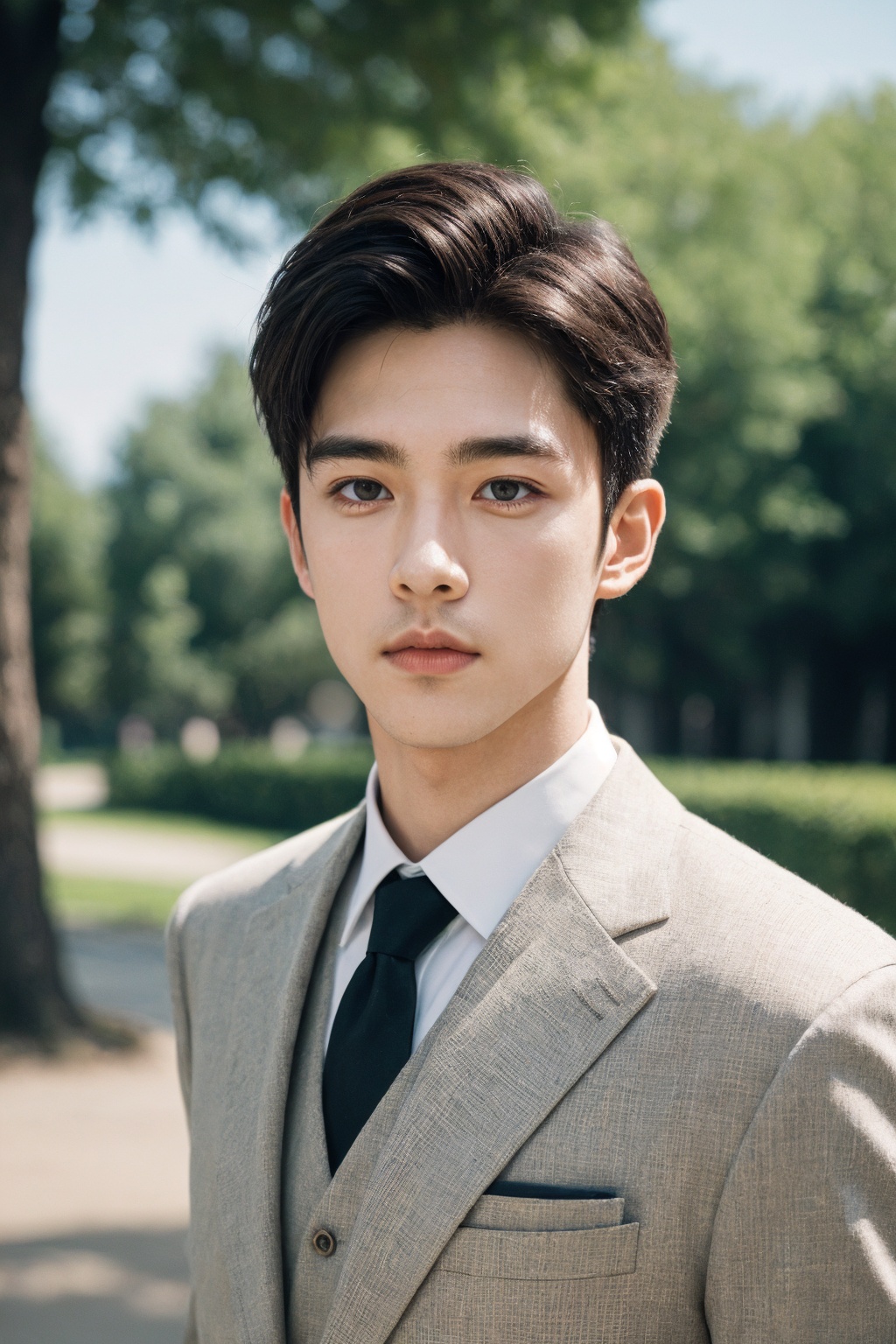 solo, 1boy, film grain, realistic, photorealistic, male focus, looking at viewer, suit, tree, outdoors, 