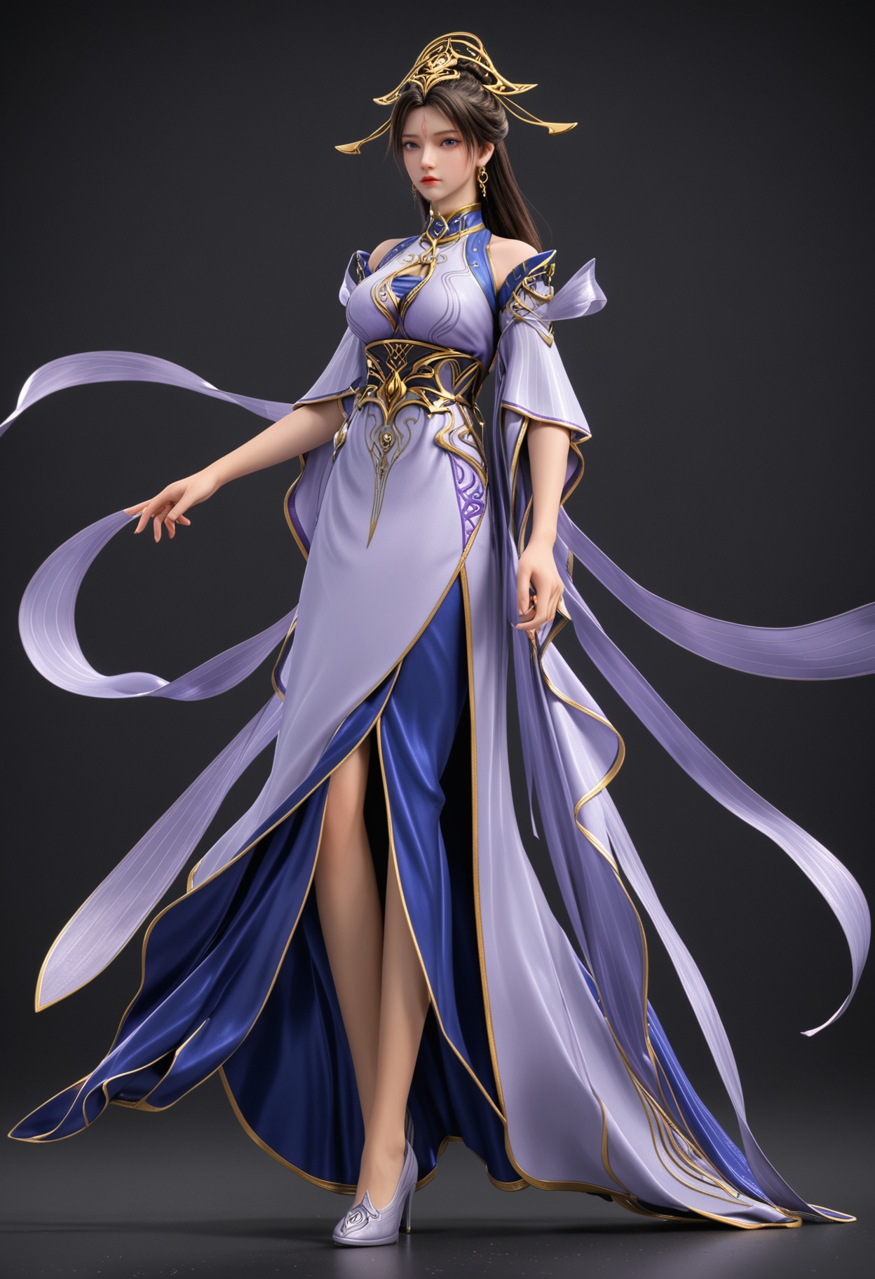 (standing full_body:1.1),score_9,score_8_up,masterpiece,(best quality),intricate details,facing viewer,(looking at viewer:1.1),<lora:YQ_pony_chuxuaner_fuzhaung4_V4:0.8>,q1528437228,1girl,solo,long hair,hair ornament,jewelry,earrings,black hair,dress,forehead mark,blue eyes,brown hair,detached sleeves,hair bun,chinese clothes,sash,wide sleeves,high heels,pantyhose,ponytail,long sleeves,shoes,black pantyhose,purple eyes,stiletto heels,blue footwear,BREAK(score_9:1.2),(score_8_up:1.2),masterpiece,best quality,very aesthetic,perfect anatomy,(hourglass),perfect face,(simple background,pure black background,black background:1.1),fair_skin,(shiny_skin:1.1),Ivory_skin,