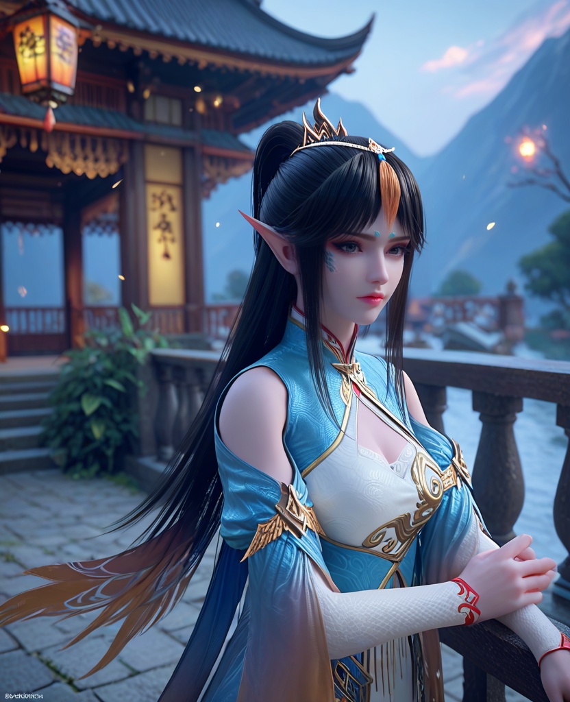 (oriental architecture, elegant decor, sophisticated style:1.1),(Leaning against a fence or railing:1.1),looking at viewer,(breasts:1.2),<lora:XL斗破苍穹凤清儿:0.95>,1girl,black hair,long hair,ponytail,tassel,hair ornament,pointy ears,black eyes,dress,clothing cutout,cleavage cutout,breasts,thighhighs,facial mark,, score_9,score_8_up,score_7_up,score_6_up,score_5_up,score_4_up,3d rendering,tag1,tag2, Cinematic Lighting,backlighting,, zPDXL3, zPDXL2,zPDXL, zPDXLxxx, zPDXLrl,