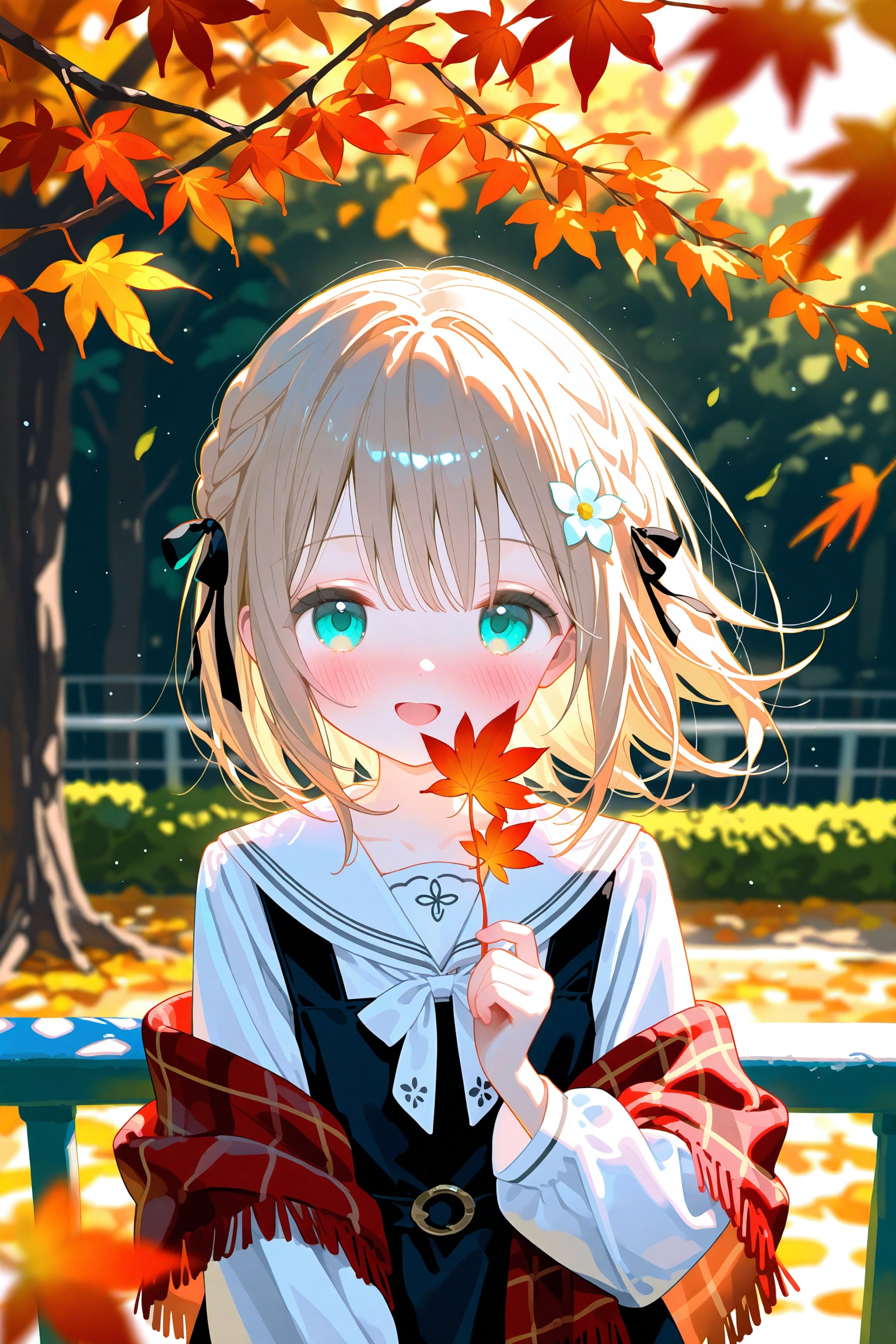 loli 1girl solo holding leaf holding ribbon looking at viewer shirt autumn leaves smile sleeveless dress hair ribbon maple leaf long sleeves open mouth white shirt braid sleeveless plaid dress outdoors pinafore dress leaf ribbon braid blurry plaid scarf hair ornament blonde hair black dress :d fringe trim autumn shawl depth of field flower collarbone blurry foreground green eyes upper body scarf blurry background black ribbon side braid branch day short hair aqua eyes hair flower blush medium hair white ribbon tree neckerchief railing holding flower white flower fence sailor collar floating hair light brown hair,
