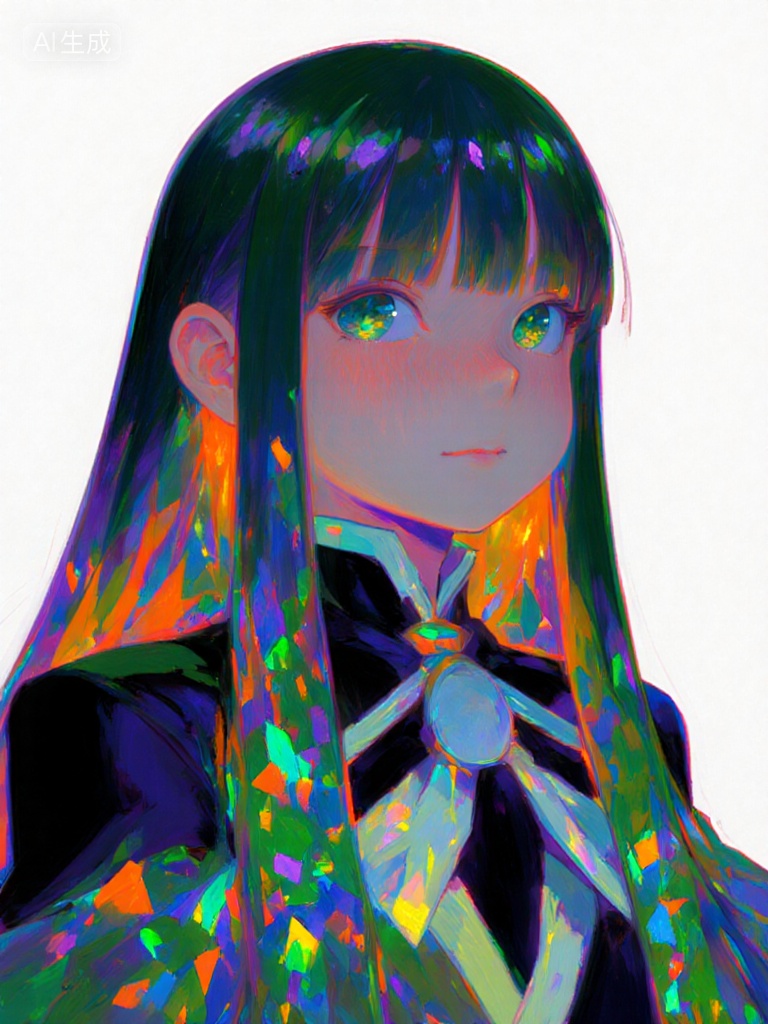 More green, purple and orange colors on the hair, colors of dark opal, generate a girl in the art style of Houseki no Kuni, girl made of opal, natural fair skin color, many glowing colors on the hair, delicate hair details, clearly defined strands of hair, beautiful hairstyle, medium length hair, black and white clothes, white background, female character made of opal, skinny, tall, thick long hair made of opal, colorful hair, opal, gemstones, beautify, colorful, shiny, in Houseki no Kuni art style, look like Houseki no Kuni character, anime, Houseki no Kuni art style, Houseki no Kuni, Houseki no Kuni, Houseki no Kuni, lots of details, Negative prompt: ng_deepnegative_v1_75t,(badhandv4:1.2),EasyNegative,(worst quality:2),,nsfw, Steps: 30, Sampler: Euler, CFG scale: 3.5, Seed: 353783188, Size: 768x1024, Model hash: 531b71b201, Model: F.1-Krea-dev-scaled-fp8_fp8.safetensors, Denoising strength: 0, RNG: CPU, Lora 1: 20251010-1760093491563-0001, Lora Hash 1: 96223b56ca, Lora Weight 1: 1.2, vae_name: automatic