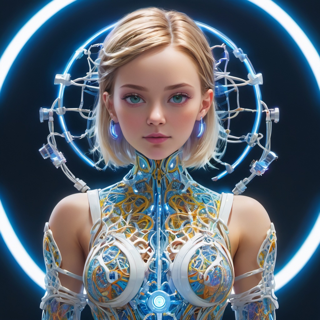 (scandinavian girl:1.2), cute face, long hair, frilly hairstyle,(full),latex dress, torso, body, 8k, ultra-detailed, highres, (best quality, masterpiece:1.2), (deformad neon light:1.3), soft particles of fractal fire,volumetric lighting, focus, colorful, ((extreme details)), glow, impossible figures, paradoxical art,paradox, impossible geometry, hypercube, Beautiful Psychedelic Trippy White Intricate Detailed Elaborate, solo, full body, (machine made joints:1.4), ((machanical limbs)), (explosed muscles), (blood vessels connected to tubes), (a brain in container:1.3),((mechanical vertebra attaching to back)), ((mechanical cervial attaching to neck)), ((sitting)), expressionless, (wires and cables attaching to head and body:1.5), small breasts, short hair, (character focus), science fiction, (high quality), best quality, (4k), 8k, super detailed, (full detail), (masterpiece), (realistic), super detailed,(Exquisite details) ,intricate,