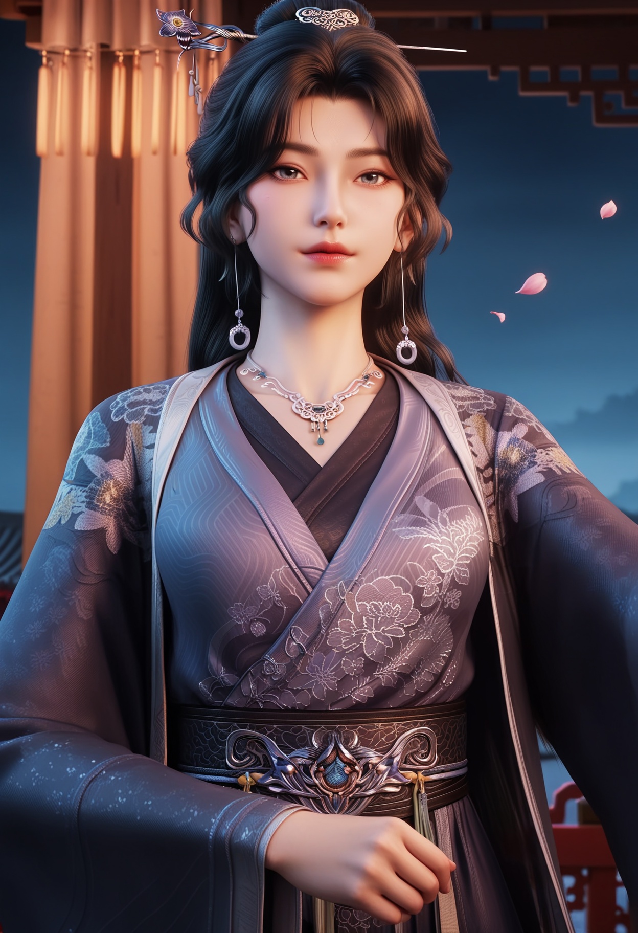 masterpiece,best quality,amazing quality,high resolution,ultra-detailed,absurdres,(looking at viewer:1.1),upper body,(Dark room:1.3),(moody lighting:1.1),peach blossom,falling petals,(large breasts:0.8),tszhanglao,1girl,solo,black hair,long hair,chinese clothes,hair ornament,jewelry,hanfu,necklace,realistic,earrings,hair bun,dress,long sleeves,shoes BREAK photorealistic details,<lora:QQSilltszhanglaoV1:0.8>,