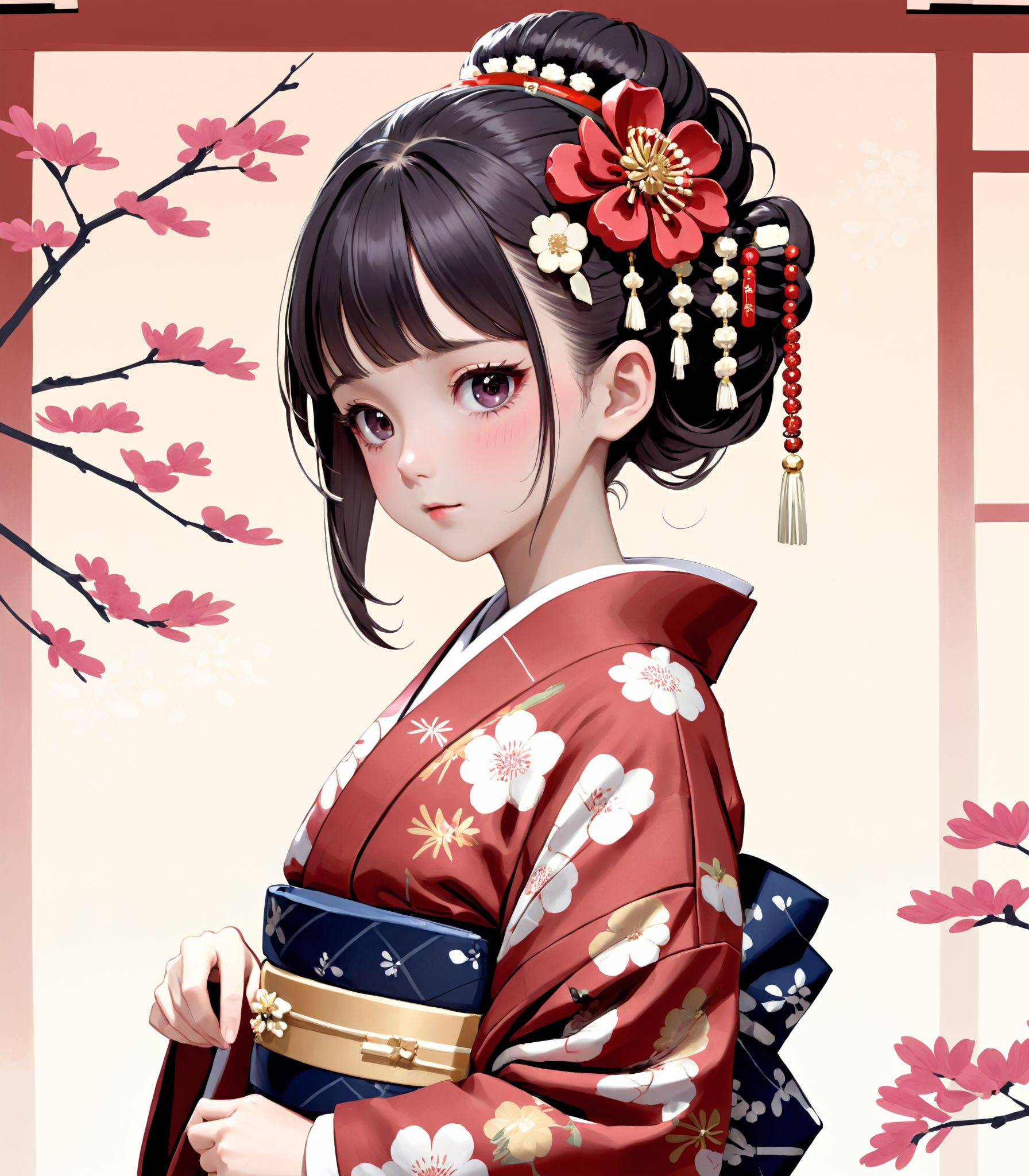 Illustration of a young girl dressed in an elegant and traditional Japanese "kimono" robe,  adorned with delicate floral p...