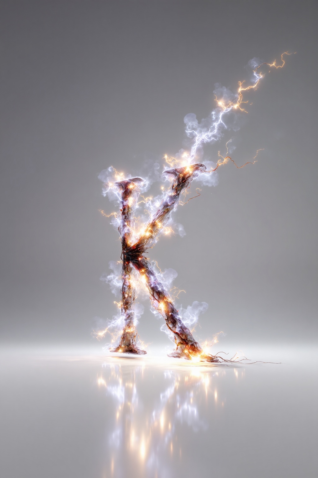 beijihui,3D icon design of letter 'K', **** of crackling electric arcs with bright sparks and glowing plasma filaments, hyperrealistic, hyperdetail, front view, studio lighting, 100mm lens, white solid background