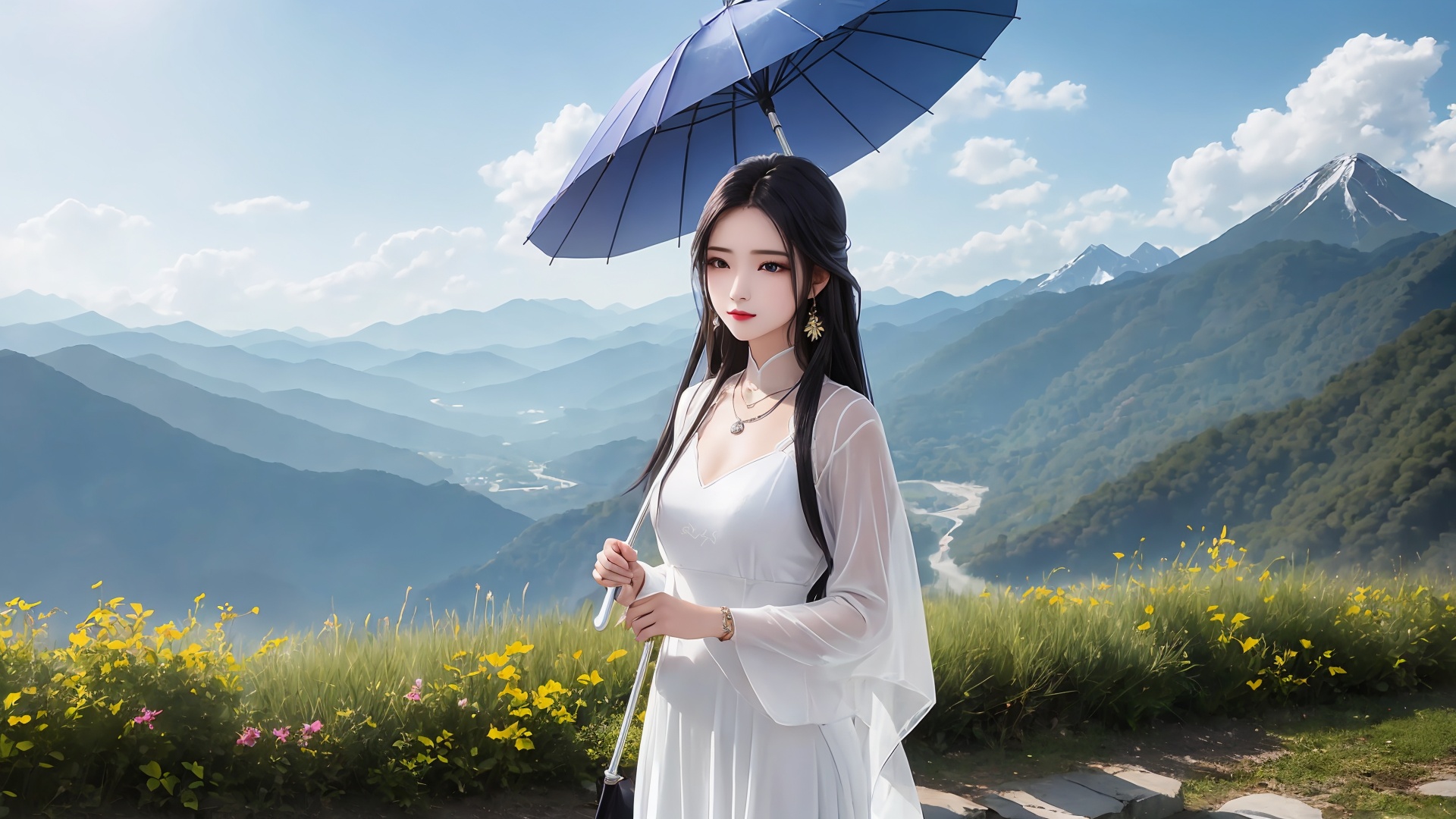 1girl, umbrella, solo, dress, white dress, holding umbrella, jewelry, long hair, black hair, holding, outdoors, chinese clothes, mountain, earrings, necklace, long sleeves<lora:girl solo luxueqi_20240911015355:0.6>,<lora:SD1.5泛光调节_v1.0:0.5>,