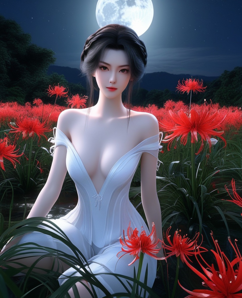 <lora:592-DA-XL-星辰变-姜立:0.8>(,1girl, ,best quality, ),looking at viewer,  ,,ultra detailed background,ultra detailed background,ultra realistic 8k cg, ,masterpiece, spider lily,full moon, (cleavage), (),