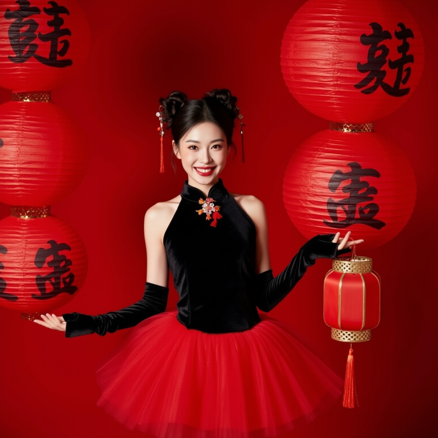 1girl,The photograph features a young woman with a bright smile and a joyful expression, standing against a vibrant red backdrop adorned with numerous red paper lanterns and Chinese characters. She is dressed in a traditional Chinese qipao, or cheongsam, a form-fitting, high-necked dress with a black velvet bodice and a vibrant red tulle skirt. Her hair is styled in two high buns, adorned with red hairpins, and she wears black opera gloves that extend to her elbows. In her right hand, she holds a traditional Chinese lantern with a red and gold design, which is also adorned with tassels. Her makeup is dramatic, with bold red lipstick and dark eyeliner, complementing her youthful appearance. The overall color scheme is dominated by red, with the exception of the black velvet bodice, which contrasts sharply and adds elegance to her attire. The background and her dress are richly textured, creating a visually striking and festive atmosphere. The image is well-lit, with soft shadows that enhance the details of her clothing and the red lanterns. The scene evokes a sense of celebration and cultural pride, with the woman embodying a joyful and confident spirit. <lora:新年摄影FLUX:0.9>
