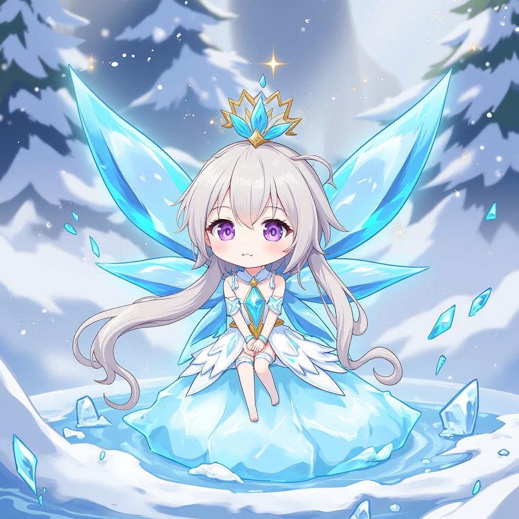 chibi,an anime girl,chibi,beautiful detailed glow,detailed ice,beautiful detailed water,(floating palaces:1.3),(((ice crystal texture wings))),