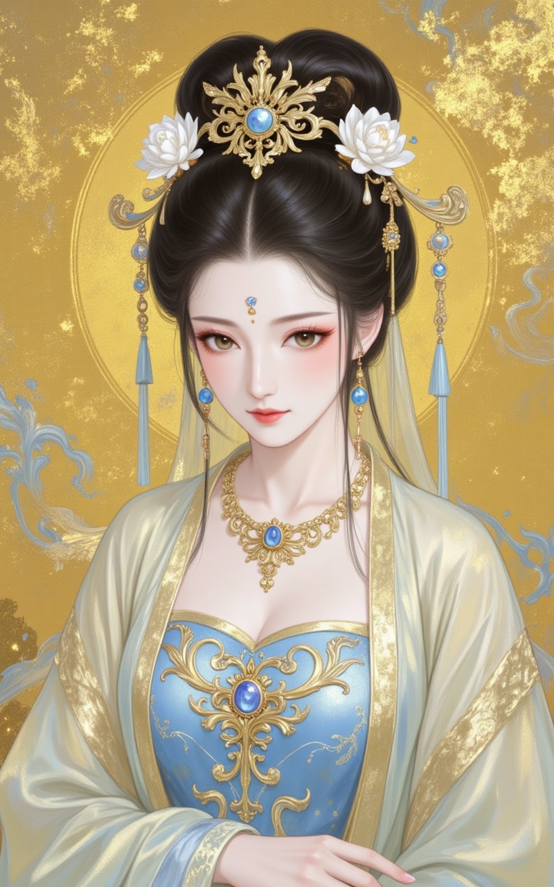 jinbo,lvjing,baoshi,1girl,jewelry,solo,necklace,hair ornament,black hair,earrings,forehead mark,flower,dress,chinese clothes,upper body,facial mark,blue dress,hanfu,long sleeves,shawl,hair flower,yellow background,23,