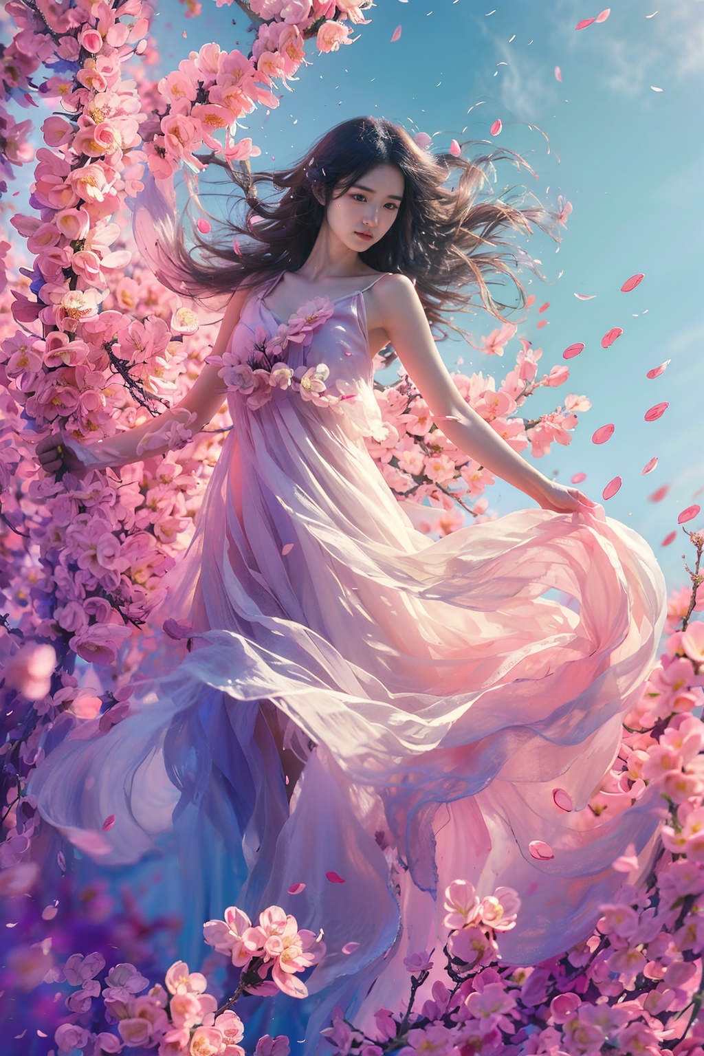 sdmai, fengwu, 1girl, dress, solo, long hair, black hair, white dress, cherry blossoms, flower, wind, petals, sky, pink flower, day