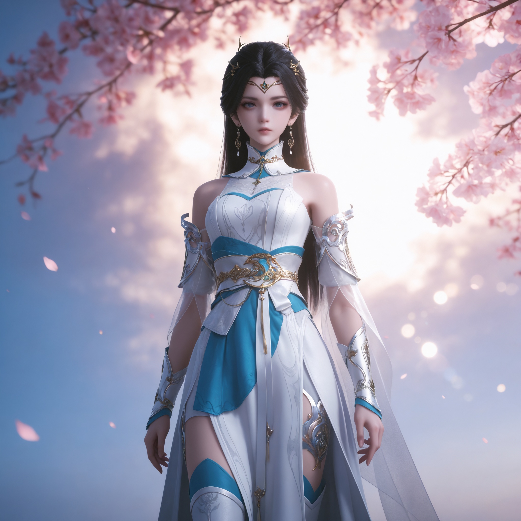 Nai3 style,realistic style photo,outstanding style,Use soft lighting to cast gentle shadows on the subject,adding a touch of dimension to your images without compromising details,whirls of vapor,(Anime:1.1),soft neon light,ethereal ambiance,delicate details,magical atmosphere,concept art,highly detailed,ultra-high resolution,32K UHD,sharp focus,best-quality,masterpiece,golden hour,unconventional supreme masterpiece,masterful details,temperate atmosphere,with a high-end texture,in the style of fashion photography,magazine style,Dynamic Angle,Dynamic posture,magazine style,Dynamic Angle,Dynamic posture,(cowboy_shot:1.2),eye trail,depth of field,cinematic lighting,lens flare,close-up,extreme aesthetic,(wlop:0.6),(honjou raita,lack,rella,wanke:0.5),masterpiece,best quality,good quality,newest,year 2025,very aesthetic,absurdres,Visual impact,A shot with tension,ultra-high resolution,32K UHD,sharp focus,best-quality,masterpiece,Emotionalization,unconventional supreme masterpiece,masterful details,temperate atmosphere,with a high-end texture,in the style of fashion photography,(Visual impact:1.2),giving the poster a dynamic and visually striking appearance, <lora:仙帝归来-李染竹IL:0.7> 1girl, solo,long hair, hair ornament, black hair, tiara, earrings, chinese clothes, detached sleeves, sash, white dress, bare shoulders,thighhighs,white footwear, realistic style,white background,upper body,looking at viewer,dynamic posture,