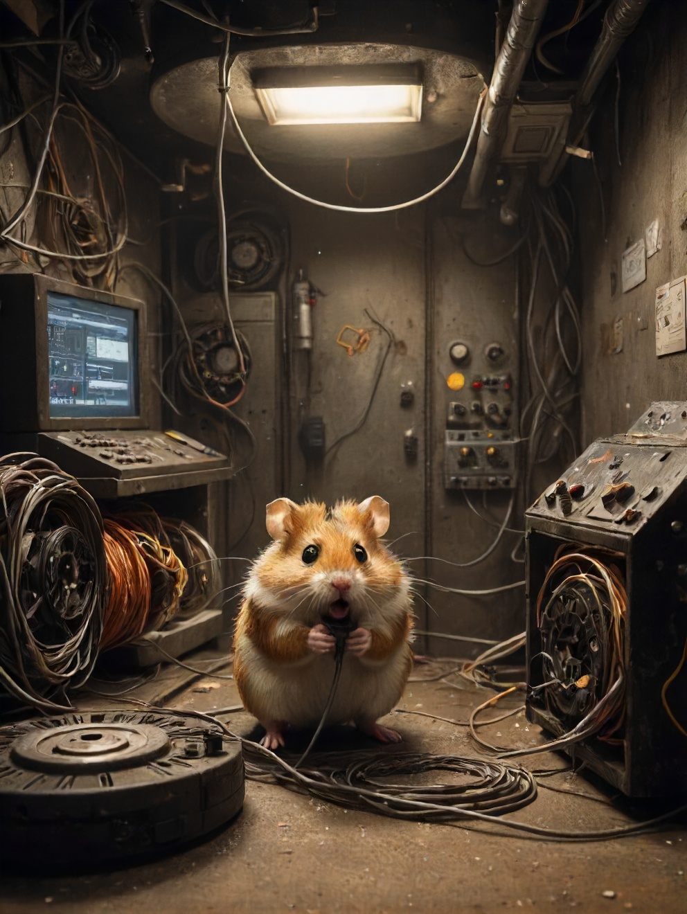 a hamster tangled in wires performing poor maintenance by neglecting the hamster-wheel,  , on Tensor.Art
