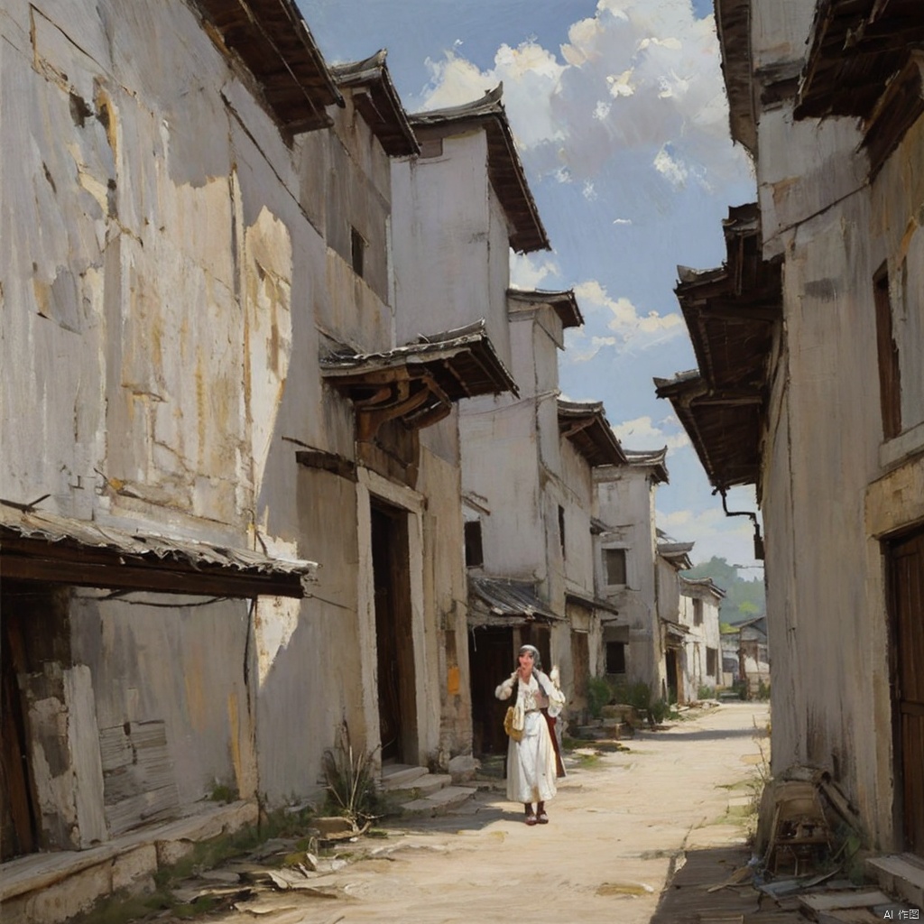 High saturation, USM sharpeningJxpFJ, xpFJ, oil painting brushstrokes, oil painting landscape, unmanned landscape,(HD), (realistic), artist, landscape collection, masterpiece,There are villages, streets, and alleys in the Chinese Huizhou architectural style. There are white gray walls, stone walls, horse head walls, wooden lattice windows, etc. The high-definition details are fascinating. The clouds, vicissitudes, mountain temples, village houses, and markets are chaotic and desolate., irregularity, asymmetry, unity, peace, healing,High-end, gray, Morandi, low-purity cold and warm color gamut contrast and blending, color block strokes<lora:EMS-416134-EMS:0.230000>, <lora:EMS-79765-EMS:0.230000>, <lora:EMS-416373-EMS:0.330000>