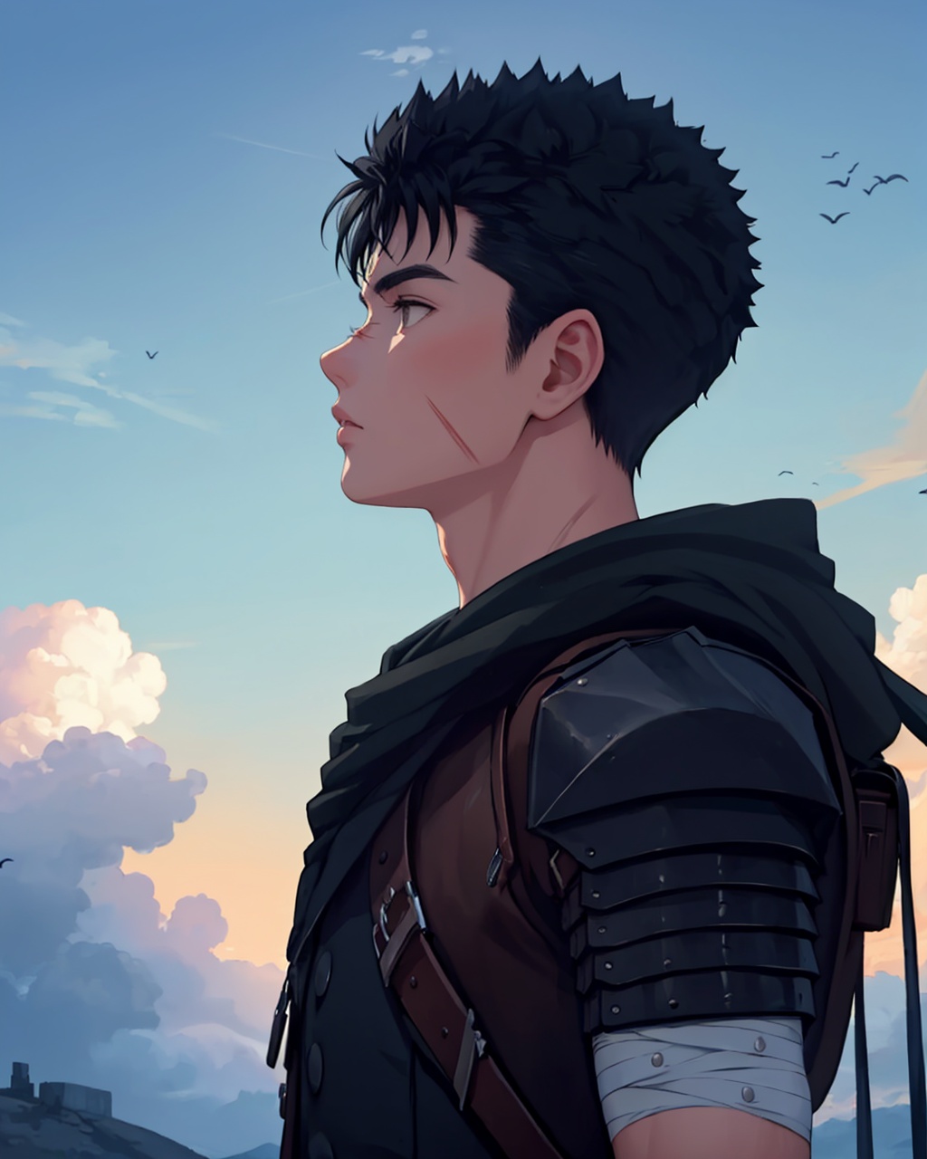 masterpiece,best quality, highly detailed, guts (berserk),1boy, solo, male focus, sword, bandages, cloud, scar, profile, sky,<lora:guts_(berserk):1>
