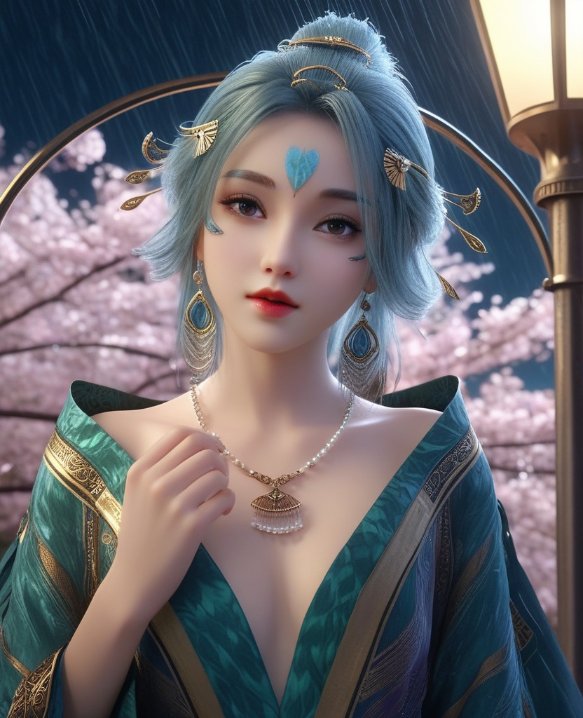 <lora:571-DA-XL-眷思量-奉眠:0.8>(,1girl, ,best quality, ),looking at viewer, ,ultra detailed 8k cg, ultra detailed background,  ultra realistic 8k cg,          cinematic lighting, cinematic bloom, (( , )),,  , unreal, science fiction,  luxury, jewelry, diamond, pearl, gem, sapphire, ruby, emerald, intricate detail, delicate pattern, charming, alluring, seductive, erotic, enchanting, hair ornament, necklace, earrings, bracelet, armlet,halo,masterpiece, (( , )),,  ,cherry blossoms,(((, night,night sky,lamppost,  ultra high res, (photorealistic:1.4), raw photo, 1girl, , rain, sweat, ,wet, )))(( , ))   (cleavage), (),