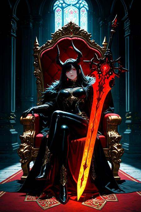 masterpiece,best quality,amazing quality,very aesthetic,absurdres,newest,huge filesize,Dark fantasy queen with long black hair and horns sitting on ornate throne,Wearing black leather armor with intricate gold details,Holding massive glowing sword,Red and gold throne room with dramatic lighting,detailed character design,