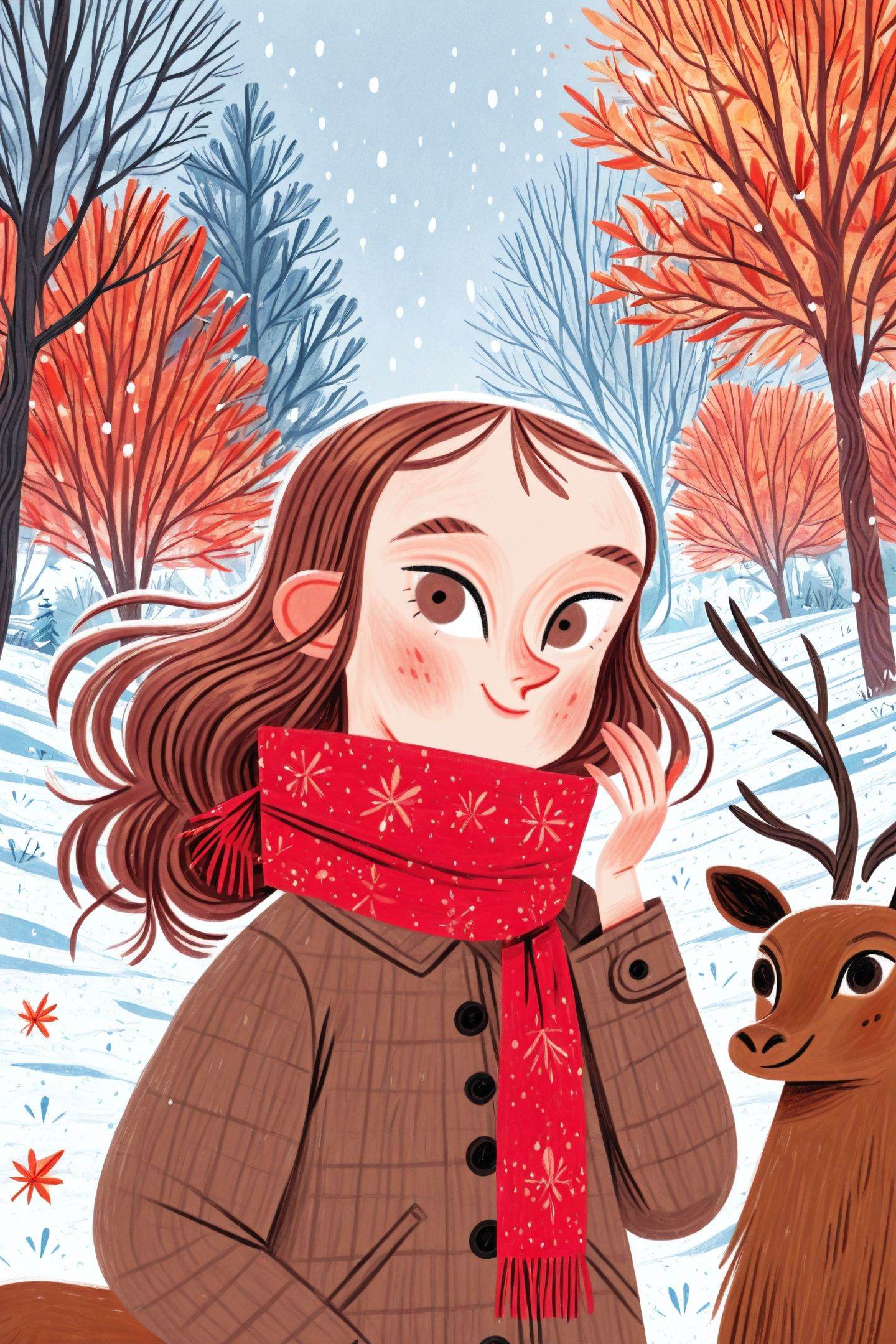 David Sierra Liston Style,1girl,brown hair,tree,red scarf,solo,leaf,snow,brown eyes,upper body,scarf,smile,outdoors,hand up,snowing,elk,<lora:David Sierra Liston_illustriousXL:1>,