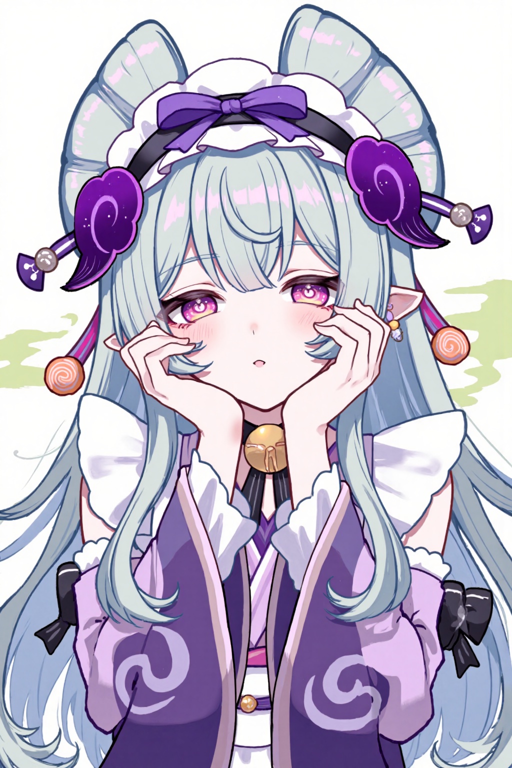 chimea,transparent,matcha,crisp,lengyu,mizuki,yumemizuki_mizuki,(artist:quasarcake:0.8),extreme aesthetic,(wlop:0.6),(honjou raita,lack,rella,wanke:0.5),masterpiece,best quality,good quality,newest,year 2024,year 2023,very aesthetic,absurdres,Visual impact,A shot with tension,ultra-high resolution,32K UHD,sharp focus,best-quality,masterpiece,Emotionalization,unconventional supreme masterpiece,masterful details,temperate atmosphere,with a high-end texture,in the style of fashion photography,Dynamic and visual impact,offcial art,colorful,splash of color,movie perspective,masterpiece,best quality,amazing quality,very aesthetic,absurdres,best quality,newest,1girl,blue_hair,black_choker,choker,bell,frilled_hairband,frills,hairband,head_tilt,japanese_clothes,long_hair,long_sleeves,neck_bell,nihongami,hands_on_own_face,portrait,purple_eyes,solo,watermark,yumemizuki_mizuki,parted_lips,artist:mamamam_**,