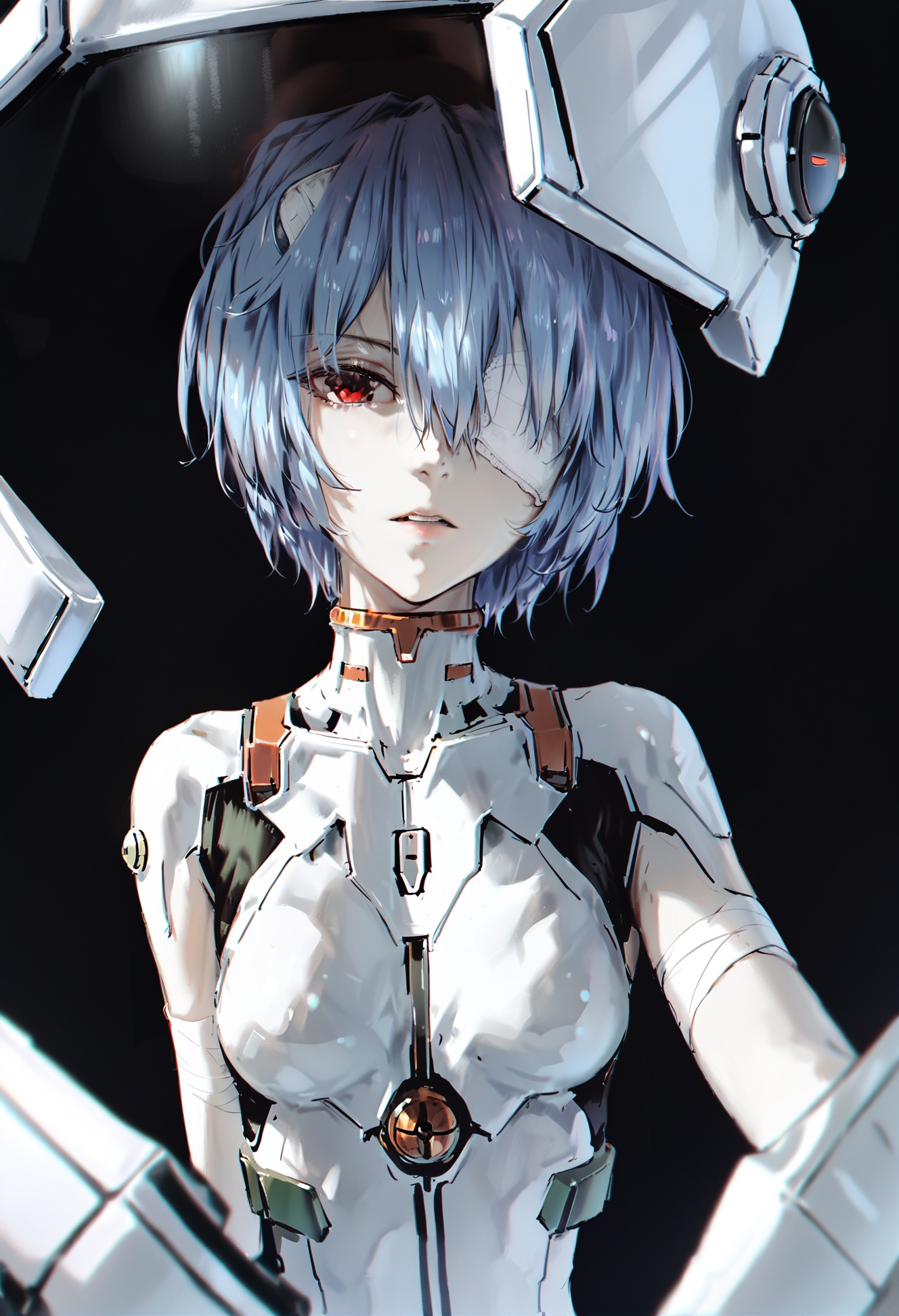 masterpiece, best quality,1girl, ayanami rei,  solo, red eyes, plugsuit, blue hair, short hair, white bodysuit, bodysuit, interface headset, hair between eyes, parted lips, bangs, looking at viewer, upper body, bare shoulders, close-up, 背景, bandages, cockpit, reflection, eyepatch, collarbone, bandage over one eye, chromatic aberration, lips, bandaged arm, pale skin, pilot suit, realistic, medical eyepatch, expressionless, hairpods <lora:DInoballXLlokr8f-000185:0.95>