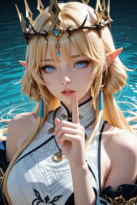 1girl,bare_shoulders,blonde_hair,blue_eyes,cartethyia_\(wuthering_waves\),crown_of_thorns,hand_up,index_finger_raised,jewelry,lennykaise,long_hair,looking_at_viewer,necklace,parted_lips,pointy_ears,solo,tabard,upper_body,water,white_tabard,wuthering_waves