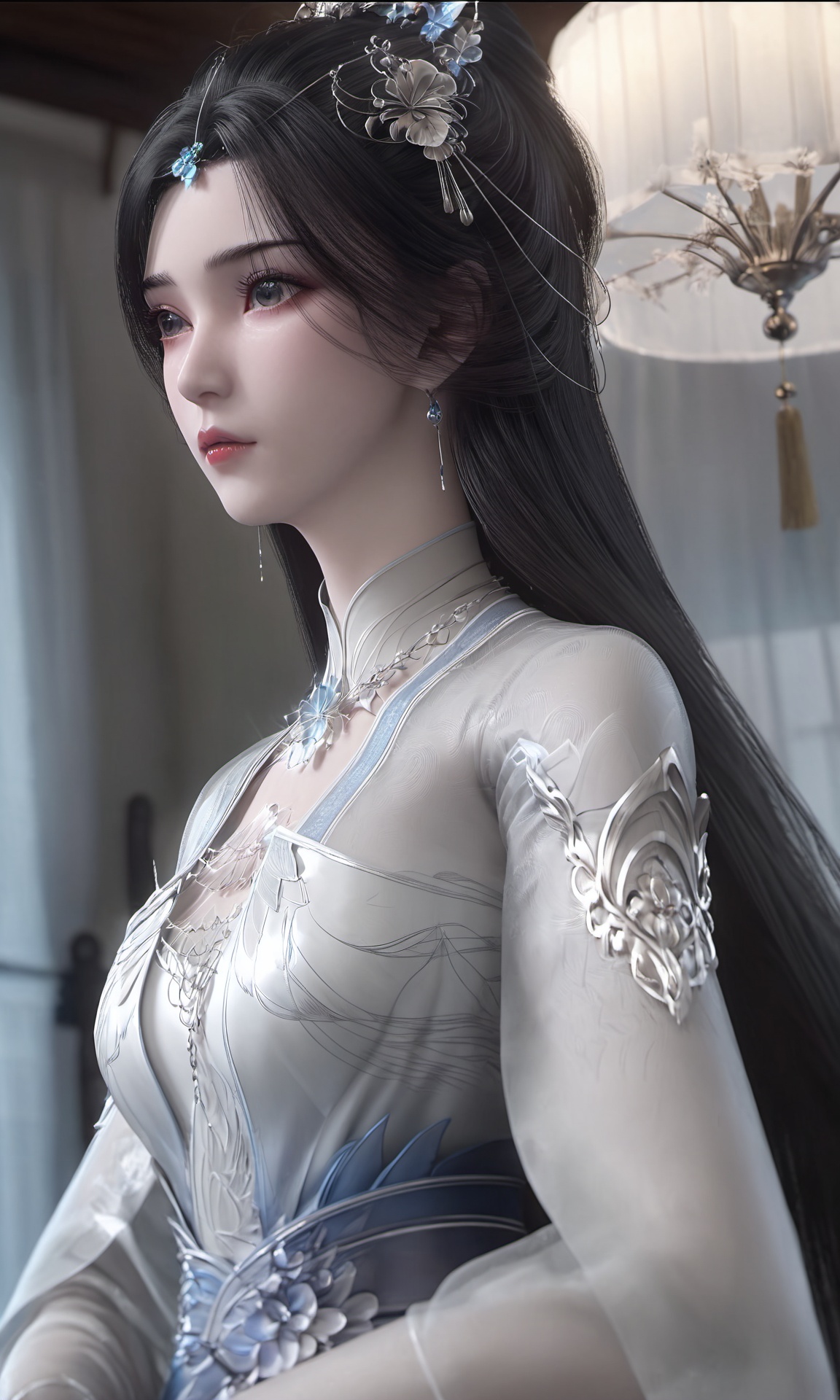 Limuwan,close up of a girl with long black hair wearing white tulle ,in the bedroom,highly detailed,glitter of silver,ultra-high resolutions,32K UHD,best quality,masterpiece,reflective,<lora:Limuwan>,