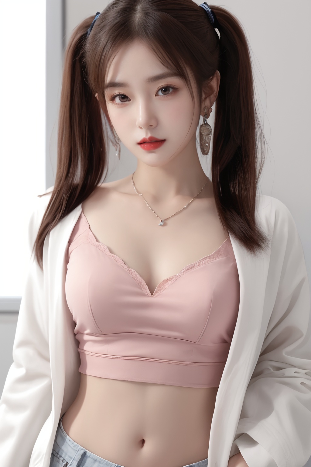 1girl, breasts, cleavage, crop top, earrings, jacket, jewelry, lips, long hair, looking at viewer, medium breasts, midriff, navel, necklace, realistic, red lips, solo, twintails, white jacket  <lora:美女1.0:1>