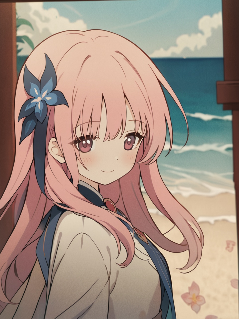 masterpiece,best quality,extremely detailed CG unity 8k wallpaper,Depth of field,cinematic lighting,backlighting,cel shading,anime screencap,long hair,beautiful detailed eyes,1girl,finely detail,(upper body:1.2),pink hair,(blue streaked hair:1.25),blue sky with cloud,sea,(flower near sea:1.5),art by princess connect!,original,seductive smile,random pose,solo,looking at viewer,ribbon,standing on beach,near water,blush,blunt bangs,blue water,<lora:GI.inazuma-fp8-lokr>,