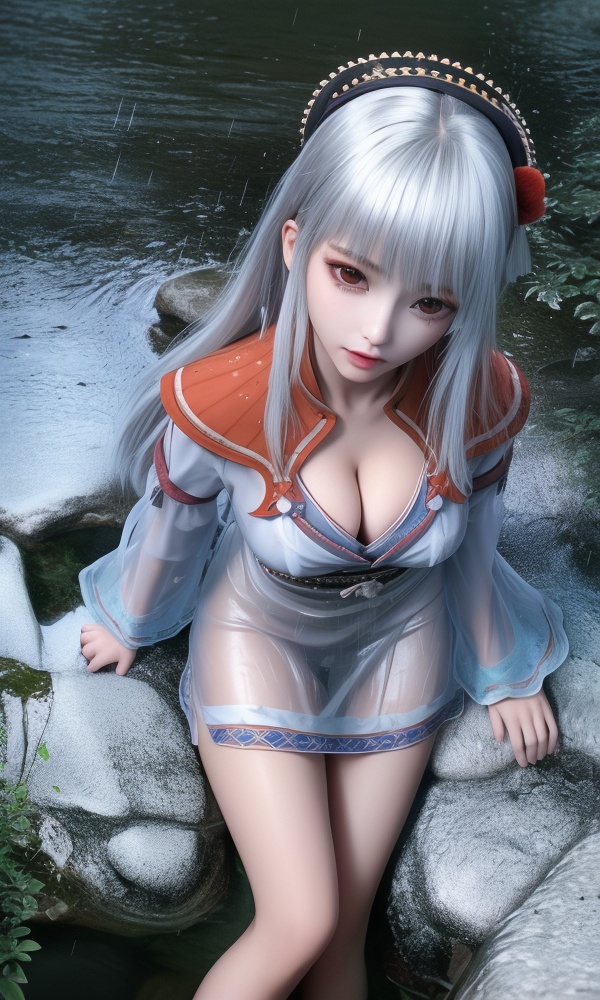 (,1girl, ,best quality, ),looking at viewer, <lora:433-DA-少年歌行-小白:0.8> ,(Highest picture quality), (Master's work), full body, (ultra-detailed), the portrait is centered, 1girl, raiden shogun, nsfw, (wet clothes), blush, bare hips, (sheer shirt), (from above:1.7), (translucent dress), water drop, (rain), (outdoors), stained, wet hair, wet dress, wet, scenery, (long hair), nature background, close up, ((on back)), water, lying in water, masterpiece, best quality, ultra high res, highly detailed, (abstract expressionism art:1.4), [girl | fire ghost:10], love,, dark rainbow theme, colorful, visually stunning, beautiful, gorgeous, emotional, intricate, perferct shading, rainbow hair,upper body,(cleavage),