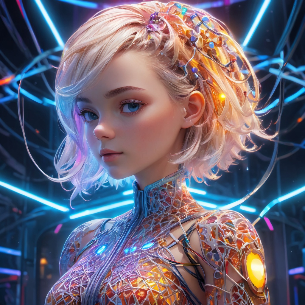 (scandinavian girl:1.2),cute face,long hair,frilly hairstyle,(full),latex dress,torso,body,8k,ultra-detailed,highres,(best quality, masterpiece:1.2),(deformad neon light:1.3),soft particles of fractal fire,volumetric lighting,focus,colorful,((extreme details)),glow,impossible figures,paradoxical art,paradox,impossible geometry,hypercube,Beautiful Psychedelic Trippy White Intricate Detailed Elaborate,solo,full body,(machine made joints:1.4),((machanical limbs)),(explosed muscles),(blood vessels connected to tubes),(a brain in container:1.3),((mechanical vertebra attaching to back)),((mechanical cervial attaching to neck)),((sitting)),expressionless,(wires and cables attaching to head and body:1.5),small breasts,short hair,(character focus),science fiction,, (high quality), best quality, (4k), 8k, super detailed, (full detail), (masterpiece), (realistic), super detailed,(Exquisite details) ,intricate,