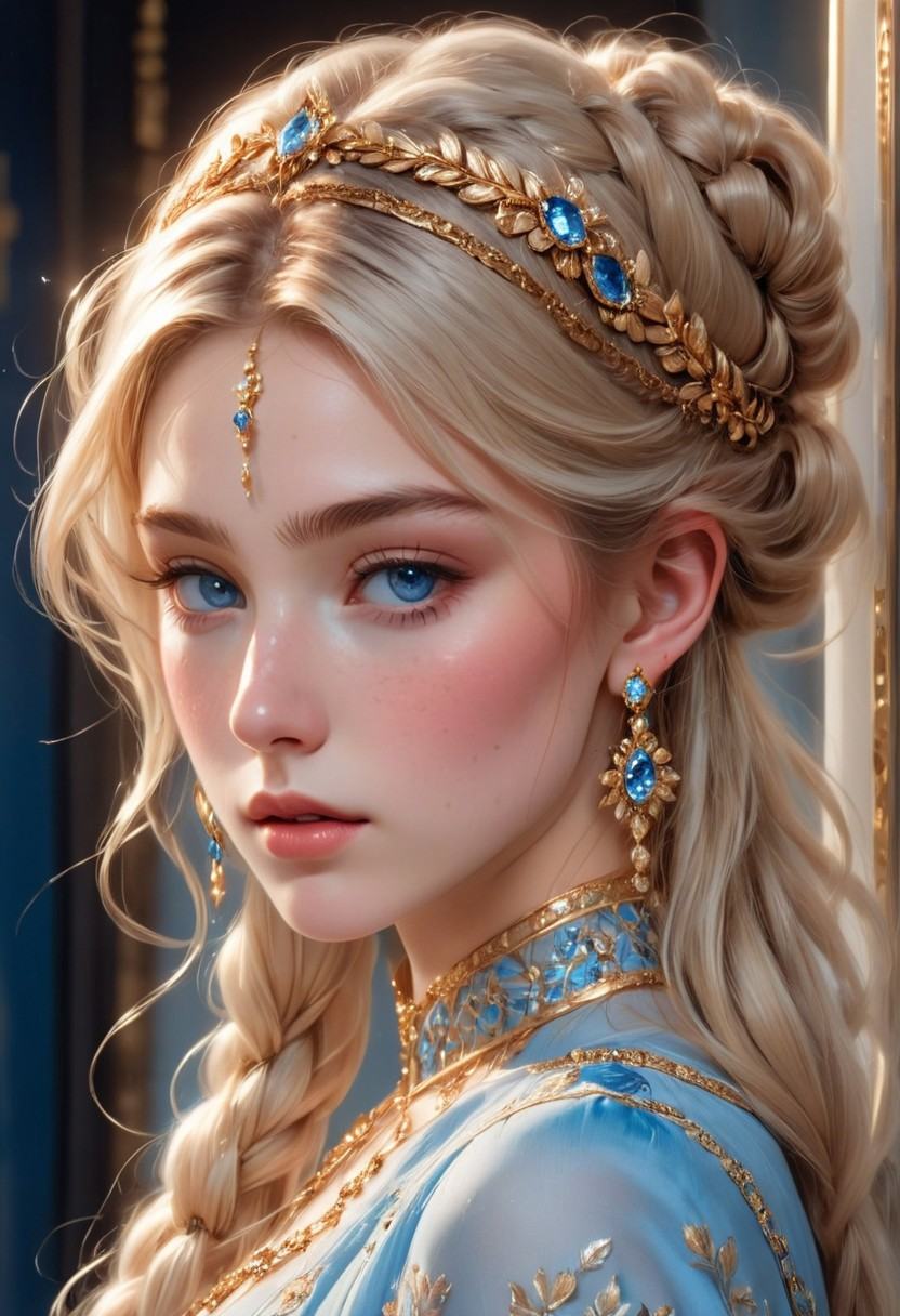 A young woman with long blonde hair and a single hair bun,  adorned with a sparkling blue gemstone and gold trim,  gazes s...