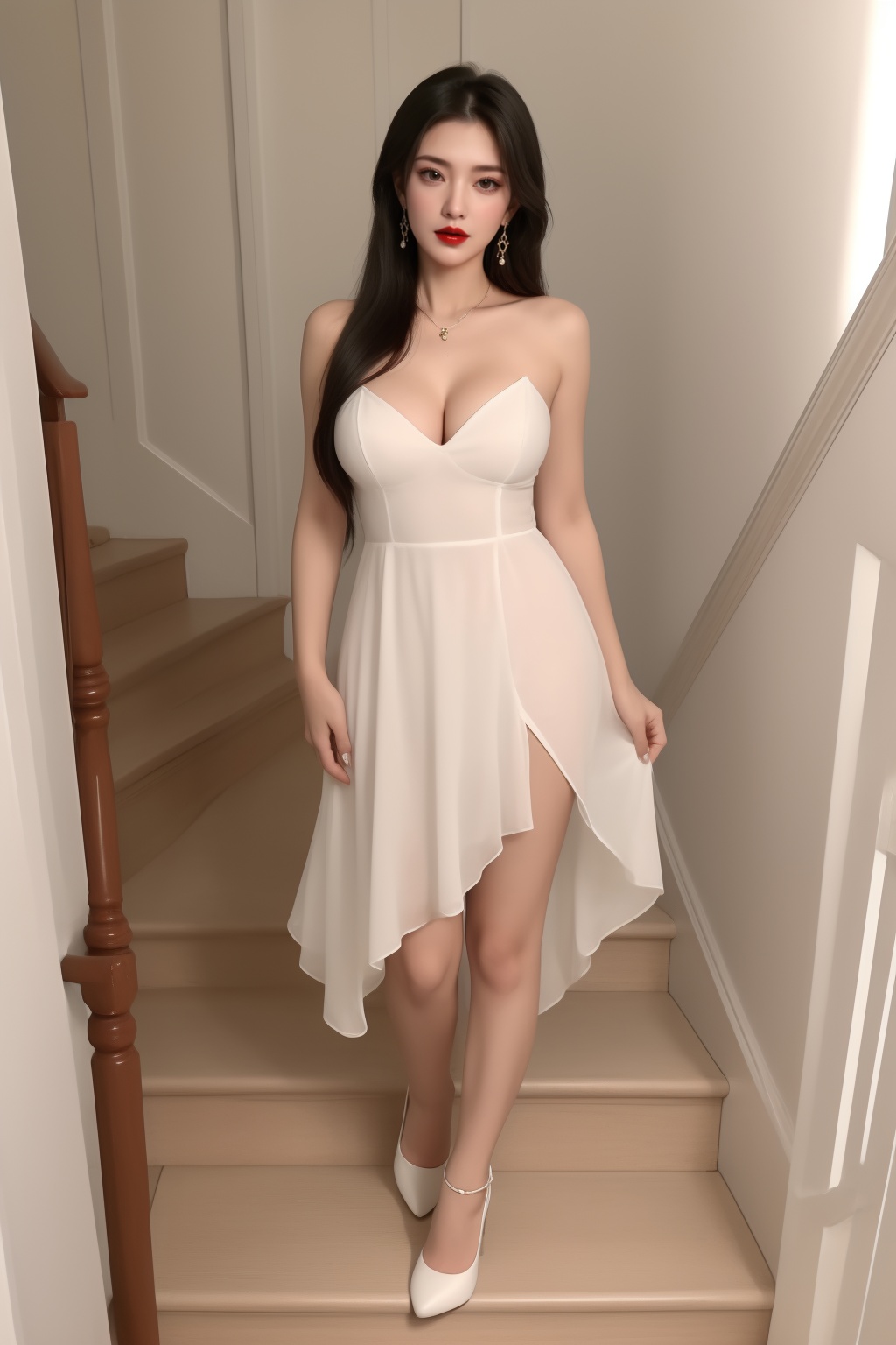 1girl, bare shoulders, black hair, breasts, cleavage, dress, earrings,  high heels, indoors, jewelry, lipstick, long hair, looking at viewer, makeup, medium breasts, red lips, solo, stairs, standing, white footwear <lora:清漪:0.66>