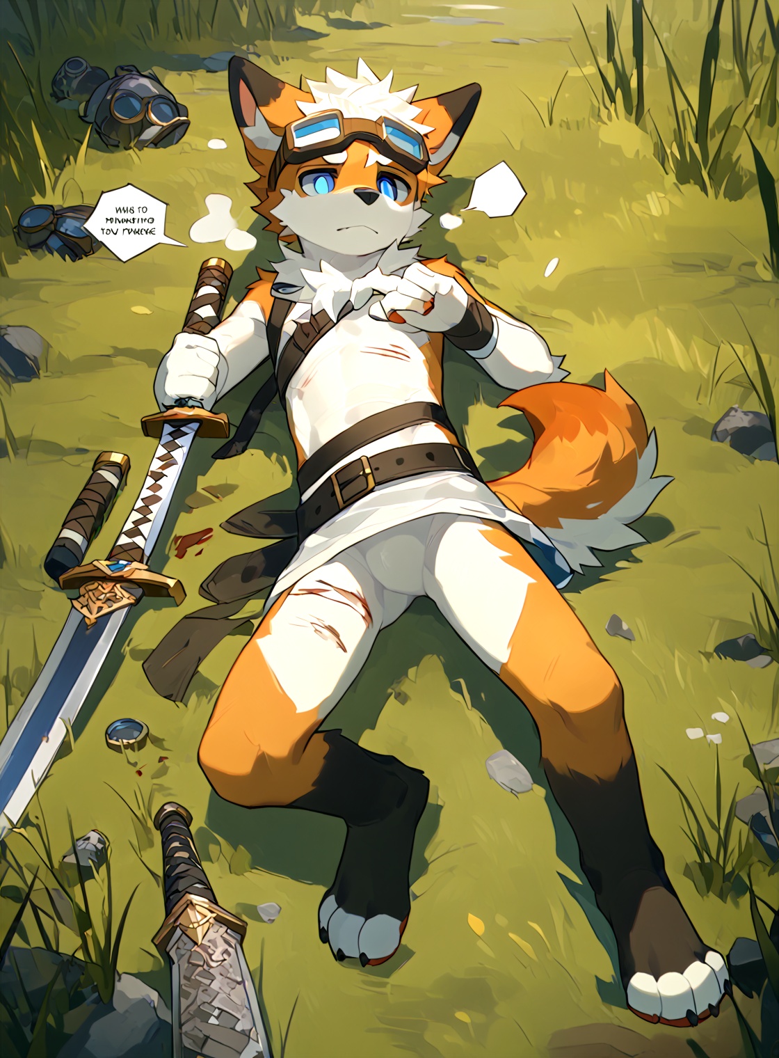 Solo,short hair,blue eyes,1 boy,animal ears,tail,whole body,male focus English text,goggles,dog ears,furry,head goggles,dog tail,toeless legs,furry male,white fur,animal nose,dog boy,orange fur,source furry,human,body hair,death,corpse,lying down,expressionless,whole body,limb weakness,limb extension,death,distant view,body hair,mouth slightly open,wear,no pupil,Lying flat,dead,rotting,killed by monsters,sword placed next to the body,stop breathing.white eye,green grassland,distant viewdistant viewdistant viewdistant viewdistant viewdistant viewdistant viewdistant view,<lora:电影工坊V3.0:0.44>,<lora:nayoshi01g:0.4>,<lora:细腻线条:0.35>,<lora:Expressive_H:0.3>,