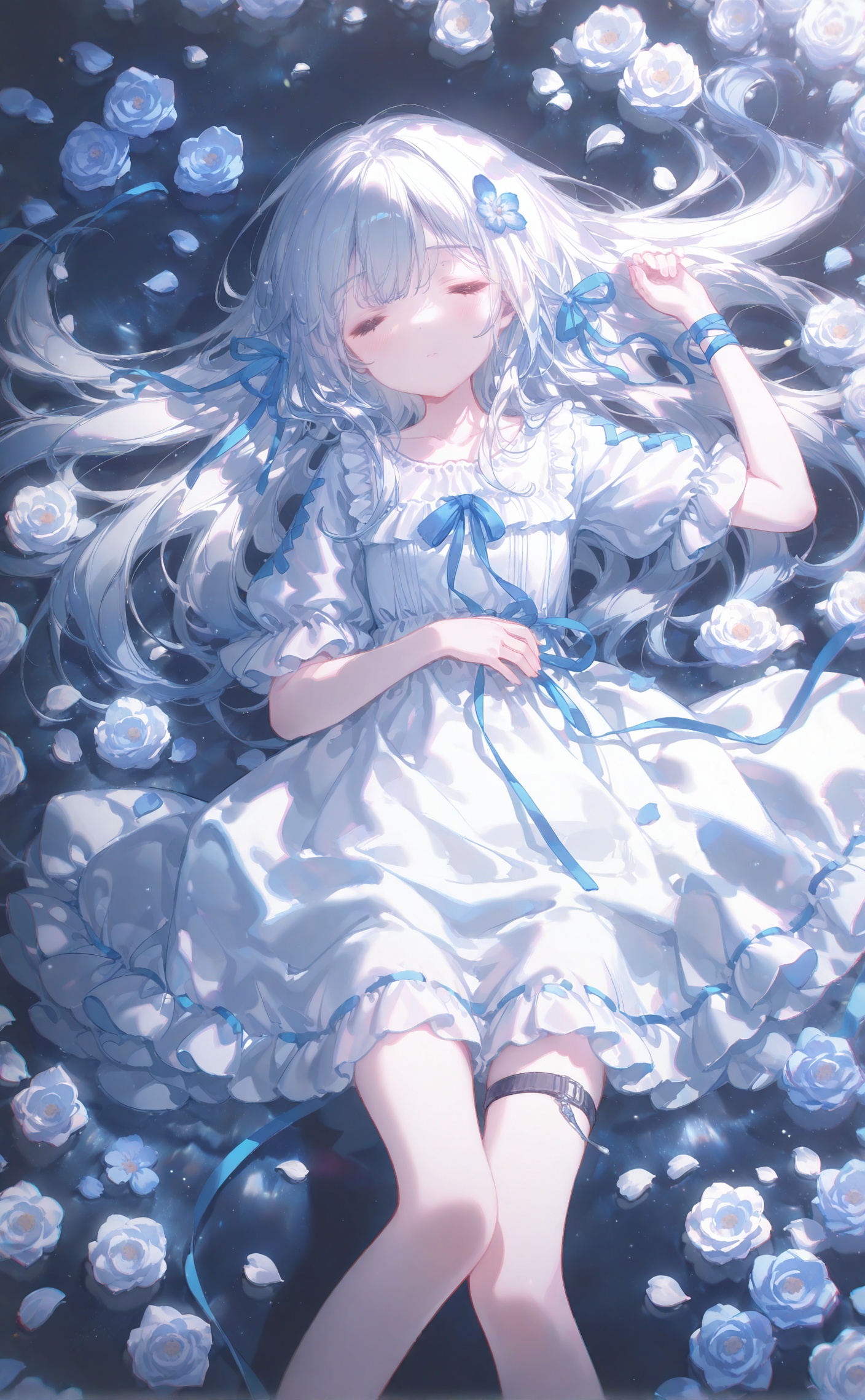masterpiece,very aware,highres,absurdres,newest,best quality,loli,petite,high quality,chromatic_aberration,cinematic_angle,dutch angle, //,artist:ciloranko,artist:ningen_mame,artist:sho_(sho_lwlw),artist:rhasta,artist:wlop,artist:ke-ta,artist:hiten \(hitenkei\),//,1girl, solo, long hair, bangs, hair ornament, dress, bow, ribbon, closed eyes, flower, white hair, lying, frills, white dress, petals, thigh strap, rose, frilled dress, blue flower, white theme <lora:lp400-000007p:0.8>