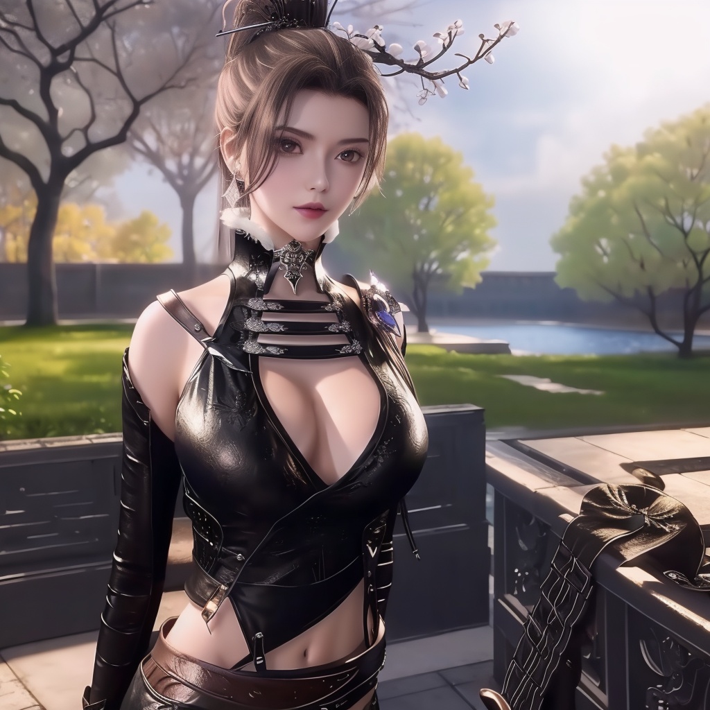 <lora:万界至尊-李雪衣-皮衣:0.8>, (,1girl, ,best quality, ),looking at viewer,  ,, ultra realistic 8k cg,,masterpiece, (( , )), fiction,mole,  ,     ,see-through, lace, (cleavage),, (((, solo, sun, , bare_tree, )))