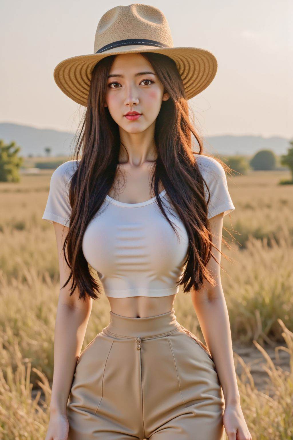 HDR photo of cinematic film still <lora:20250503_AgainCharactersF1Lora_10:1>, 1girl, solo, long hair, breasts, looking at viewer, brown hair, shirt, black hair, hat, brown eyes, medium breasts, standing, collarbone, white shirt, short sleeves, cowboy shot, outdoors, parted lips, shorts, day, midriff, lips, crop top, short shorts, sun hat, realistic, straw hat, high-waist shorts, extremely slim waist, . shallow depth of field, vignette, highly detailed, high budget, bokeh, cinemascope, moody, epic, gorgeous, film grain, grainy . High dynamic range, vivid, rich details, clear shadows and highlights, realistic, intense, enhanced contrast, highly detailed