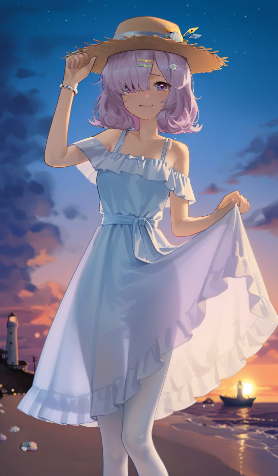 <lora:YoonYorry-Style:1.2>,(upper body:1.3),1girl,solo,curly hair,purple eyes,blue eyes,medium hair,hair over one eye,straw hat,Beige hair,Light purple hair,yellow hairpin,exposing shoulders,sky blue sundress,frilled dress,sky blue sandal,white pantyhose,fine fabric emphasis,bead bracelet,transparent clothing,anklet,harbor,beach,ocean,ship,shell,seashell,lighthouse,(touch hat:1.3),Lift skirt,Smoldering clouds,beautiful detailed sky,sky,cloud,night sky,starry sky,(sunset:1.1),chromatic aberration,lens flare,cinematic lighting,god rays,ray tracing,overexposure,backlighting,bokeh,smile,(crying with eyes open:1.1),(Tears of joy:1.2),looking at viewer,