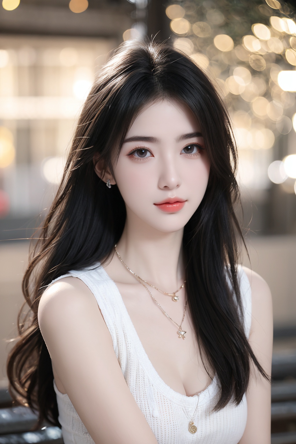 1girl, black hair, blurry, blurry background, bokeh, depth of field, jewelry, lens flare, lips, long hair, looking at viewer, necklace, outdoors, sleeveless, solo <lora:美女:1>