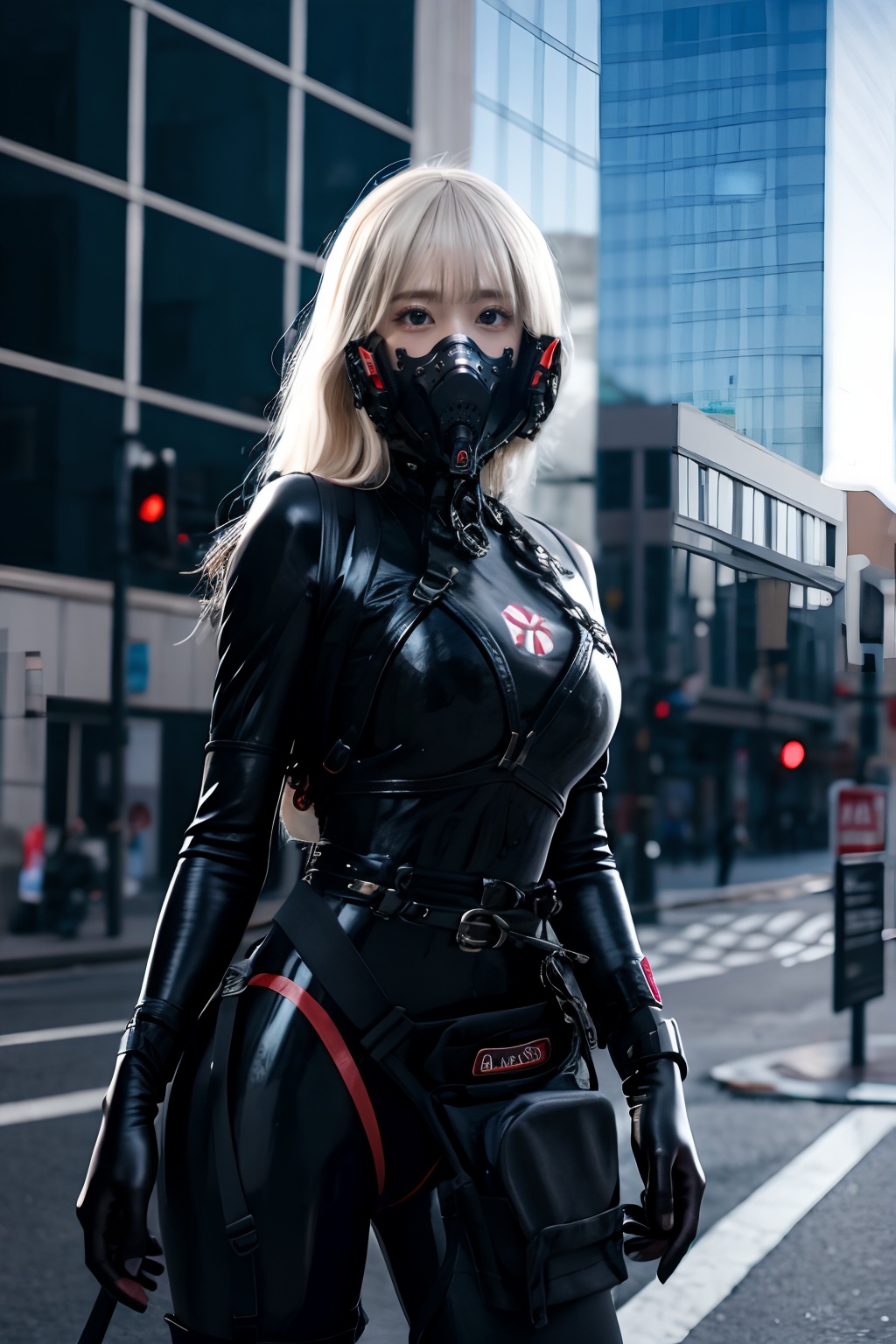 <lora:GoodHands-手beta2:1>,solo,1girl,cityscape,standing,cowboy shot,outdoors,<lora:0406 Resident Evil Gelcoat_v1:0.9>,ruanyi0406,black bodysuit,respirator,blonde hair,very long hair,gloves,, (incredibly absurdres, ultra-detailed,CG ,unity ,8k wallpaper),(masterpiece),(realistic),(photorealistic:1.2),(raw photo:1.2), (best quality:1.2), (detailed face :1.4),(beautiful detailed eyes :1.2),(detailed hair),light on face, huge filesize ,cinematic lighting, 1 girl ,sexy,