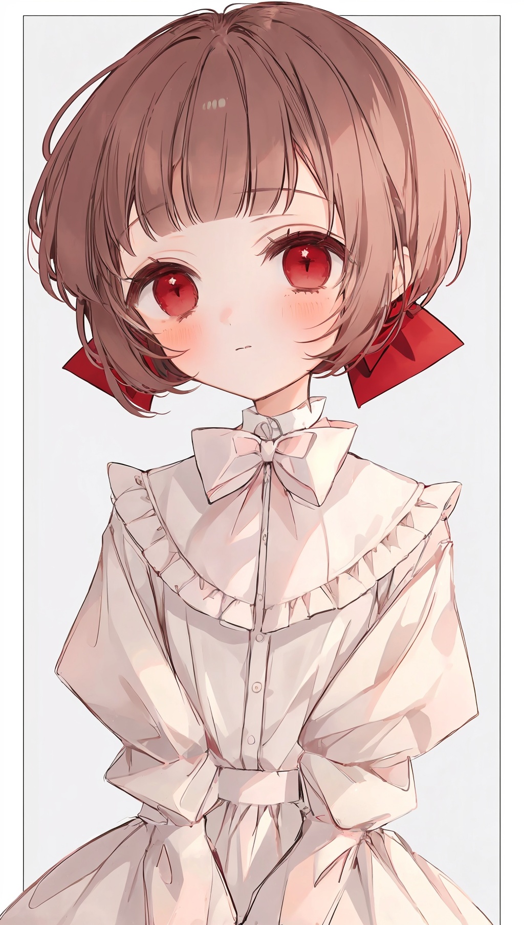 1girl,solo,bow,brown hair,red eyes,blush,short hair,white bow,bangs,upper body,looking at viewer,closed mouth,bowtie,white bowtie,grey background,hair bow,simple background,blunt bangs,frills,shirt,puffy sleeves,white shirt,ribbon,dress,white border,red bow,