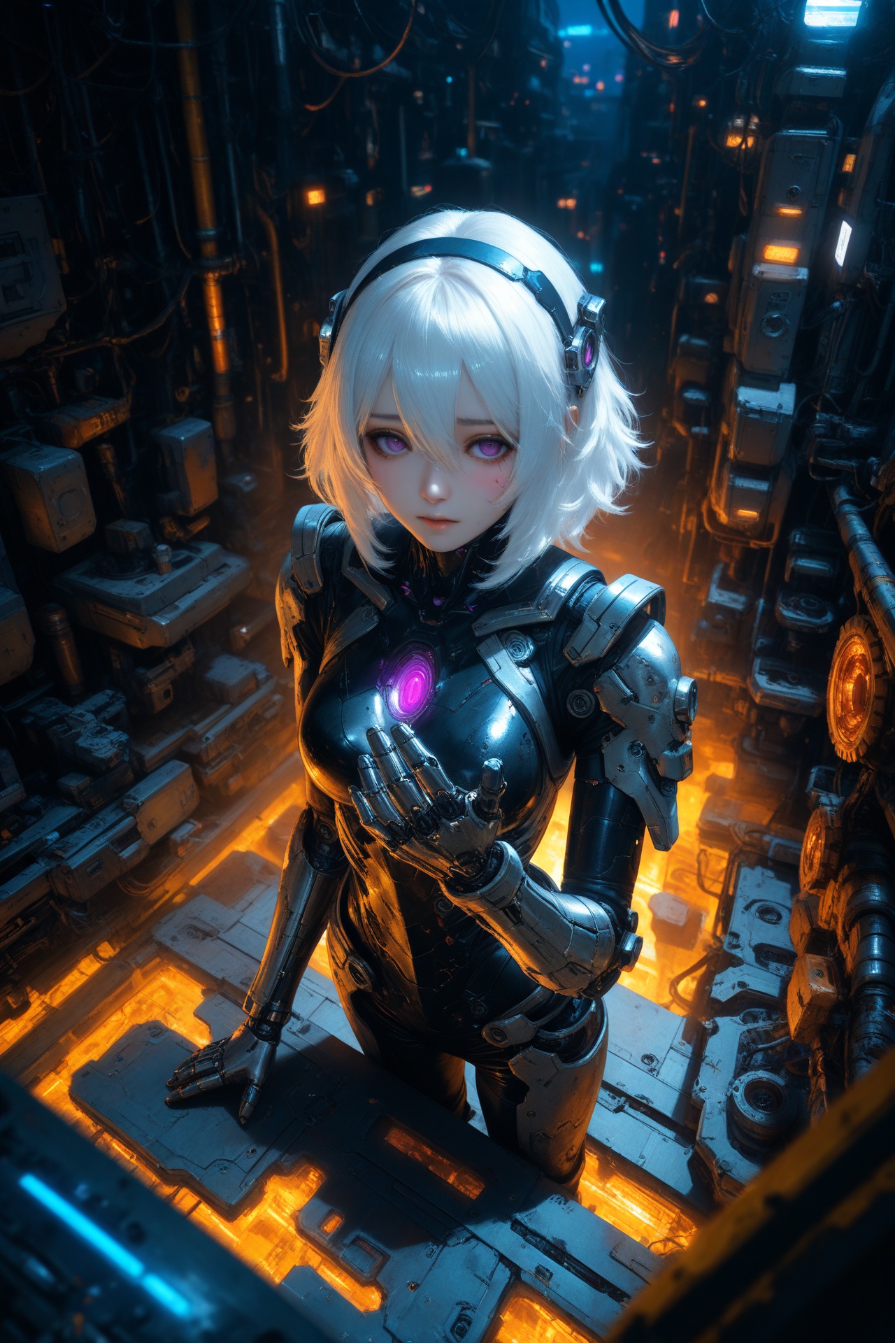 masterpiece,best quality,amazing quality,very aesthetic,absurdres,newest,highres,game cg,realisti,Cyberpunk,girl wearing science fiction clothes,cyborg girl,gear,hollowed out body various mechanical structures,complex mechanical structures,dim repair shop,repair cyborg girl,empty eyes,scratches,damage,cracks,from_above,unreal engine,surreal,armor,1girl,solo,looking at viewer,medium hair,bangs,hairband,purple eyes,hair ornament,hair between eyes,white hair,fluffy hair,blush shy,shiny_skin,very detailed clothes,very realistic textures,very detailed textures,longeyelashes,brown eye shadow,night,dim light,cyberpunk,mechanical arm,sci-fi style clothes,hair_tucking,metal material,realistic metallic texture,raise your hand,