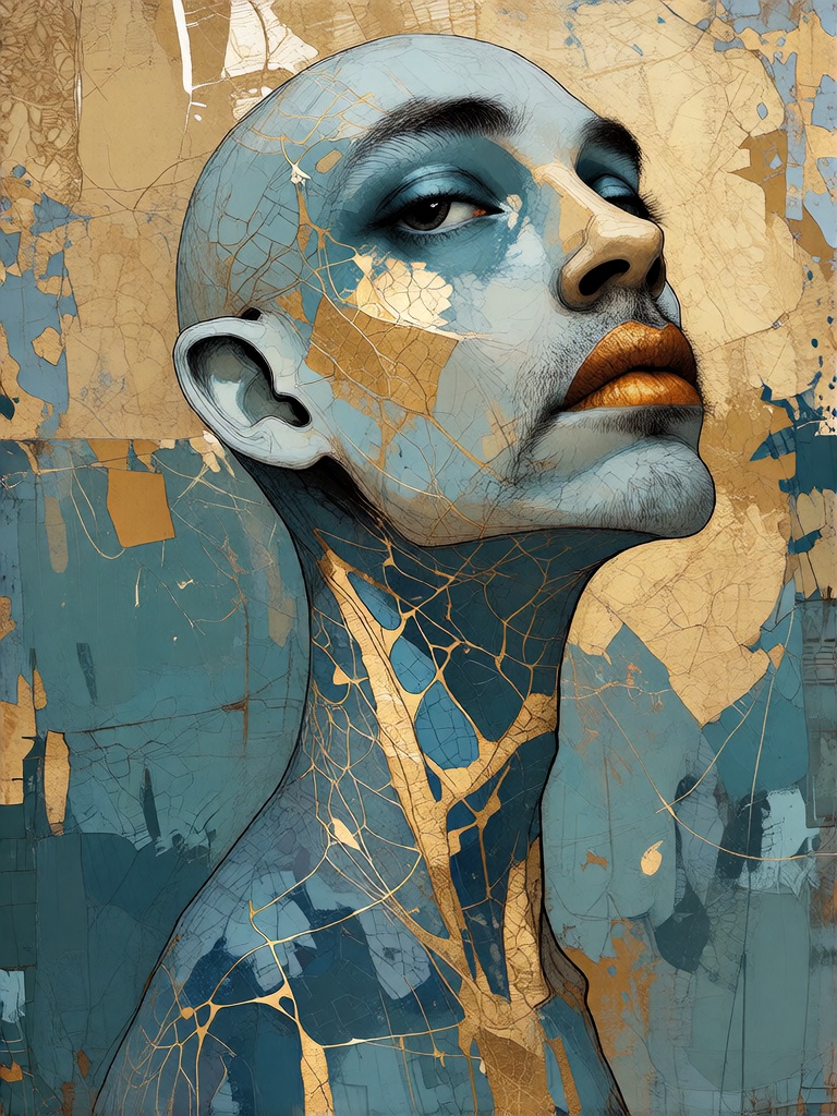 Bradhamel art style. A hyperrealistic painting of a bald woman with pale blue skin adorned in intricate golden veining and...