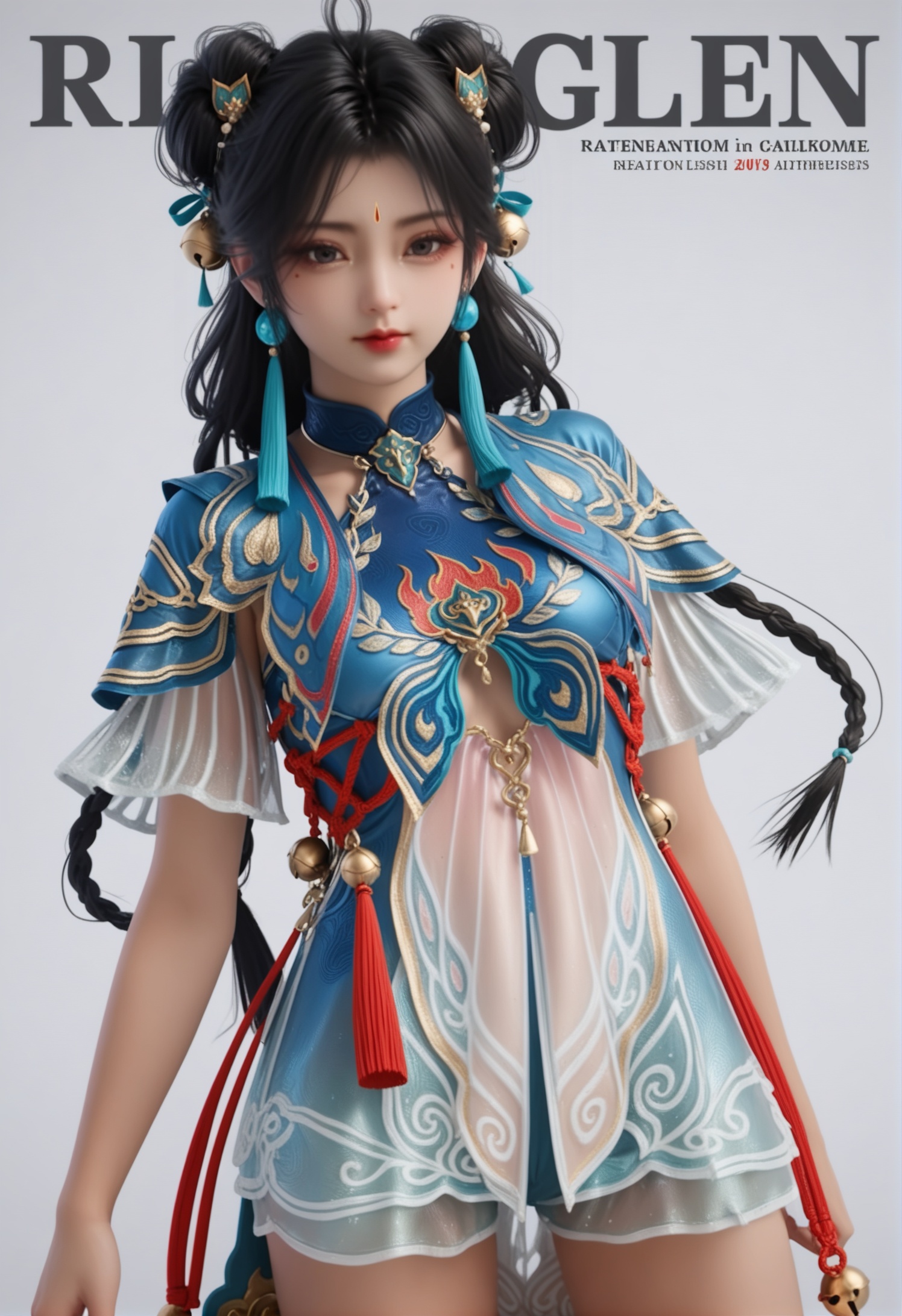 score_9,score_8_up,score_7_up,1girl,solo,(magazine cover theme:0.95),looking at viewer,1girl,solo,realistic,dress,blue dress,chinese clothes,china dress,armor,short sleeves,see-through,shorts,clothing cutout,bell,beads,realistic,jewelry,double bun,hair ornament,hair rings,hair bell,tassel,tassel hair ornament,tassel earrings,1girl,solo,realistic,long hair,black hair,ahoge,hair bun,black eyes,eyelashes,eyeshadow,forehead mark,facial mark,mole,mole under eye,braid,red lips,closed mouth,realistic,(white_background:1.3),(solid background:1.2),simple background,<lora:小巳-蓝梦pony:0.85>,