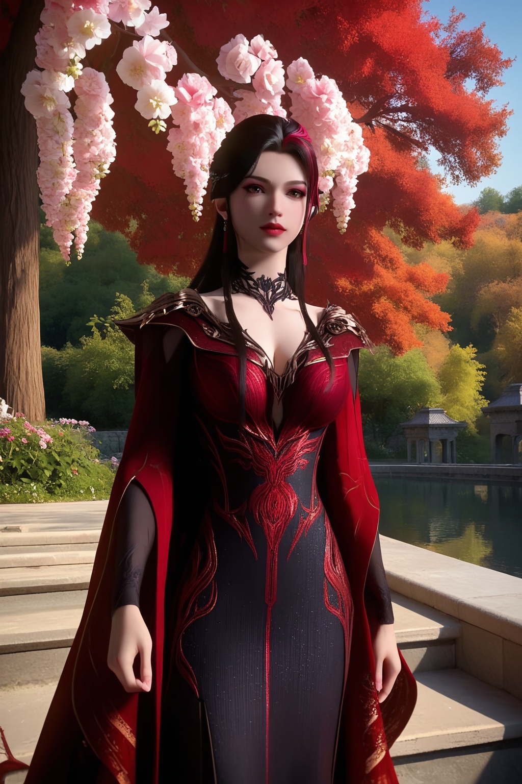 (Seated on a velvet divan in an opulent ballroom, she emanates regal elegance and sophistication:1.2),looking at viewer,<lora:XL16神国之上赵襄儿皇服:0.85>,miss zhaoxianger,black corset evening gown with red embroidery,brown eyes,black hair,red streaked hair,very long hair,hair ornament,red cape train,(large breasts:1.2),tree,flower,pink_flower,water,stone,flowers_Surrounded,pondel,, score_9,score_8_up,score_7_up,score_6_up,score_5_up,score_4_up,3d rendering,tag1,tag2, Cinematic Lighting,backlighting,