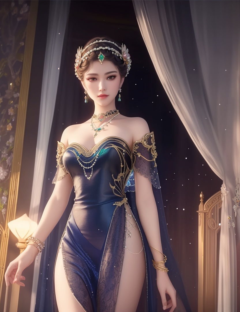 ultra realistic 8k cg, picture-perfect face, flawless, clean, masterpiece, professional artwork, famous artwork, cinematic lighting, cinematic bloom, perfect face, beautiful face, fantasy, dreamlike, unreal, science fiction,  beautiful clothes, lace, lace trim, lace-trimmed legwear,  (rich:1.4), prestige, luxury, jewelry, diamond, gold, pearl, gem, sapphire, ruby, emerald, intricate detail, delicate pattern, charming, alluring, seductive, erotic, enchanting, hair ornament, necklace, earrings, bracelet, armlet,halo((,1girl, pov,))(((,  1girl,  solo,looking at viewer, ))),(((1girl, solo, dress, jewelry)))<lora:DA_WhiteSnakeGreenSnake:0.7>