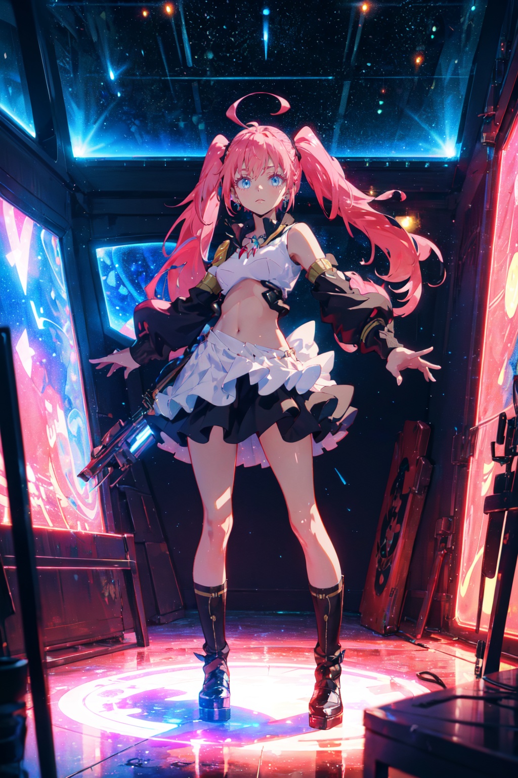 1girl,looking at viewer,solo,pink hair,long hair,ahoge,twintails,blue eyes,jewelry,necklace,small breasts,Aran sweater vest layered over a long-sleeved dress and knee-high boots,<lora:Milim (3):0.8>,Milim CYQL,panorama,beautiful face,beautiful eyes,glossy skin,shiny skin,Spaceship bed, Futuristic furniture, LED lighting, Galactic wall mural, Sci-fi collectibles,beautiful detailed sky,beautiful detailed glow,posing in front of a colorful and dynamic background,masterpiece,best quality,beautiful and aesthetic,contrapposto,female focus,wallpaper,fashion,