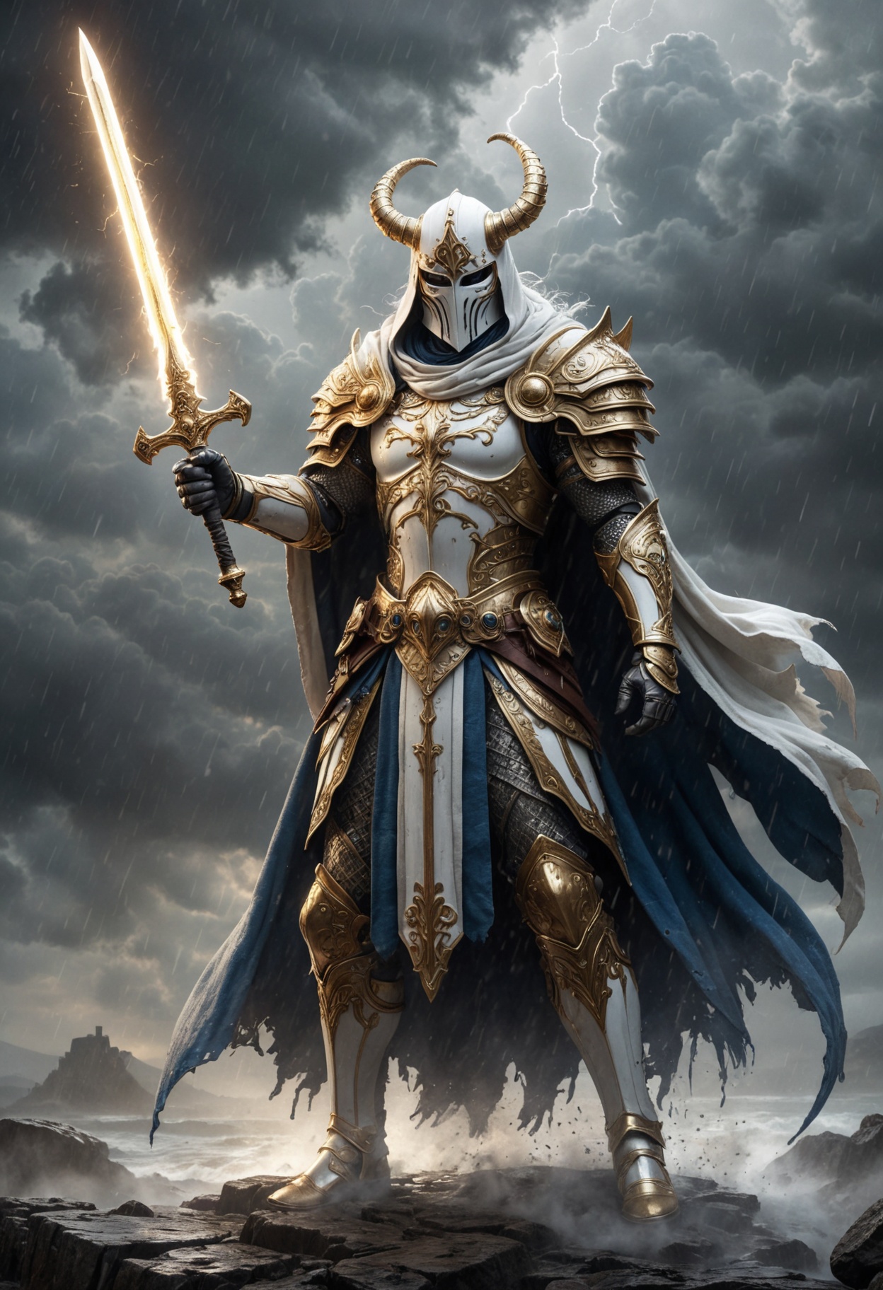 A stunning,  highly detailed dark fantasy full body illustration of a proud angelical warrior wearing intricate medieval w...