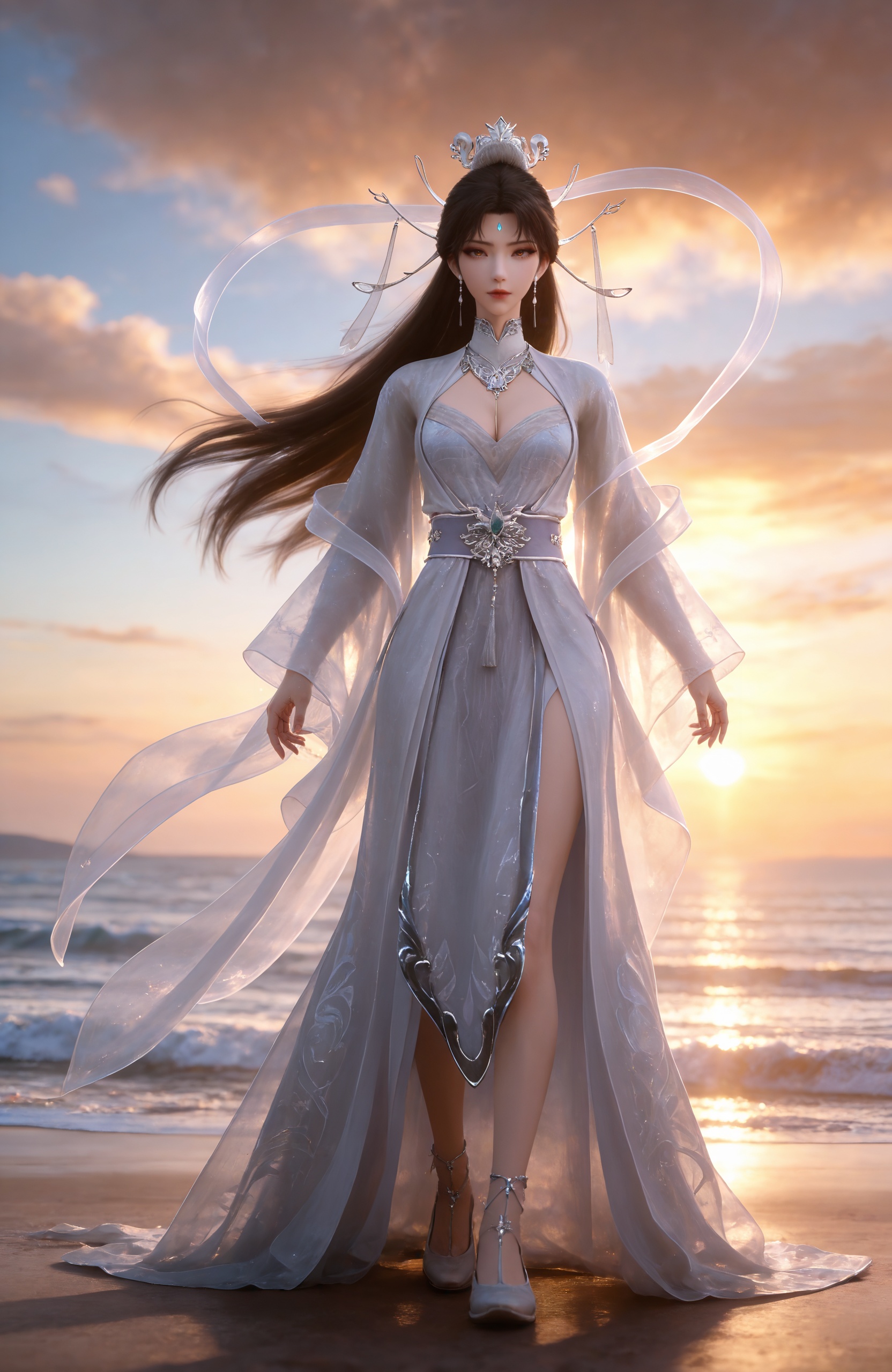 <lora:神墓-楚月IL:0.8> 1girl, long hair, hair ornament, earrings, forehead mark, brown hair, hair bun, chinese clothes, white dress, long sleeves, cleavage cutout, see-through, sash,, realistic style photo,outstanding style,Use soft lighting to cast gentle shadows on the subject,adding a touch of dimension to your images without compromising details,whirls of vapor,(Anime:1.1),soft neon light,ethereal ambiance,delicate details,magical atmosphere,concept art,highly detailed,ultra-high resolution,32K UHD,sharp focus,best-quality,masterpiece,golden hour,unconventional supreme masterpiece,masterful details,temperate atmosphere,with a high-end texture,in the style of fashion photography,magazine style,Dynamic Angle,Dynamic posture,magazine style,Dynamic Angle,Dynamic posture,(cowboy_shot:1.2),eye trail,depth of field,cinematic lighting,lens flare,close-up,extreme aesthetic,(wlop:0.6),(honjou raita,lack,rella,wanke:0.5),masterpiece,best quality,good quality,newest,year 2025,very aesthetic,absurdres,Visual impact,A shot with tension,ultra-high resolution,32K UHD,sharp focus,best-quality,masterpiece,Emotionalization,unconventional supreme masterpiece,masterful details,temperate atmosphere,with a high-end texture,in the style of fashion photography,(Visual impact:1.2),giving the poster a dynamic and visually striking appearance,, standing,Seaside,beach,waves,full body,